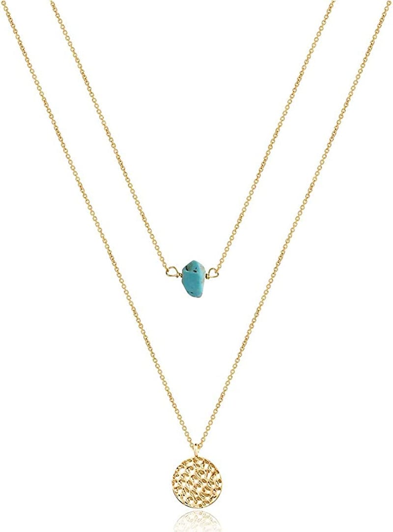 Turandoss Dainty Layered Choker Necklace, Handmade 14K Gold Plated Y Pendant Necklace Multilayer Bar Disc Necklace Adjustable Layering Choker Necklaces for Women 2PCS - Blue Turquoise&Hammered Disc