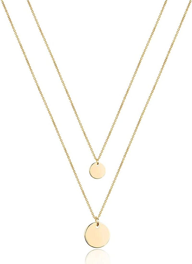 Turandoss Dainty Layered Choker Necklace, Handmade 14K Gold Plated Y Pendant Necklace Multilayer Bar Disc Necklace Adjustable Layering Choker Necklaces for Women 2PCS - Small Disc&Disc