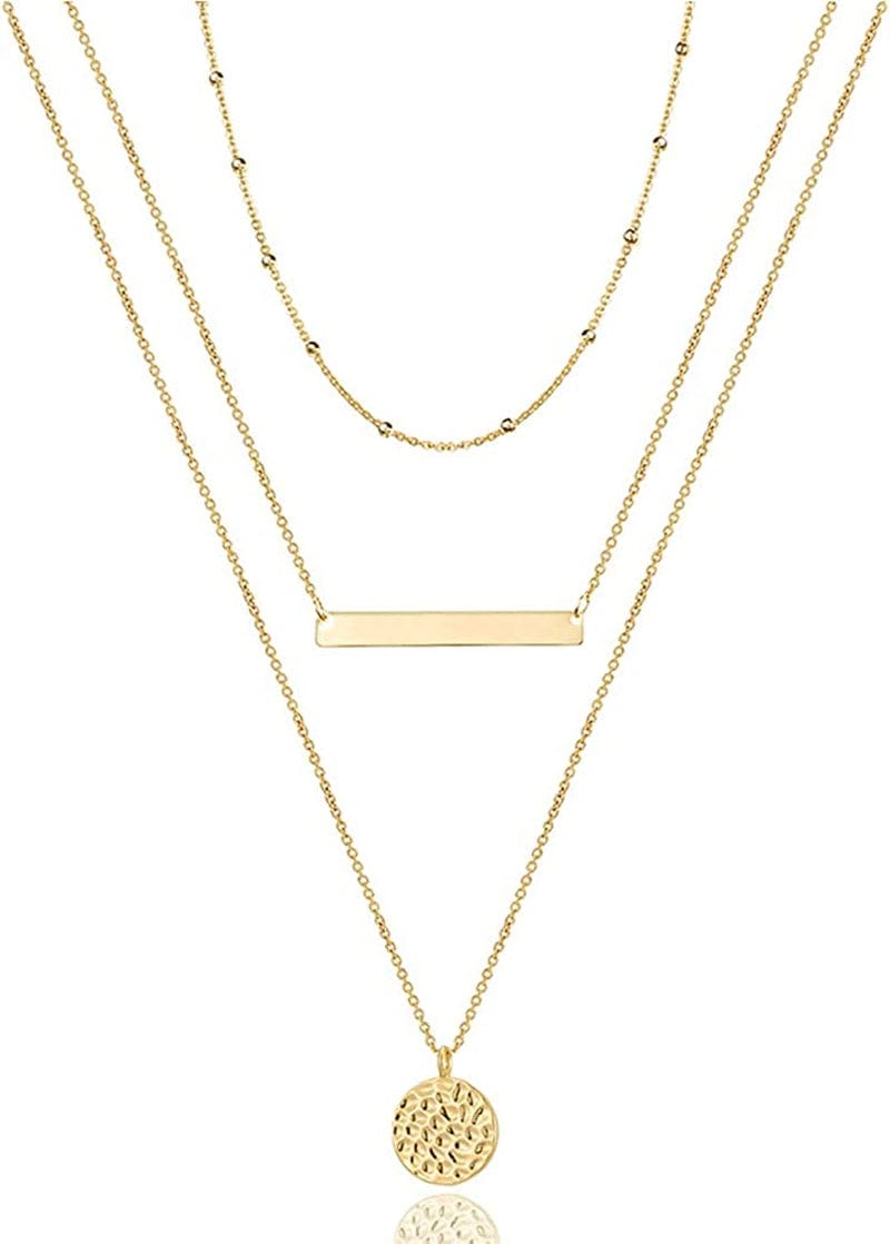 Turandoss Dainty Layered Choker Necklace, Handmade 14K Gold Plated Y Pendant Necklace Multilayer Bar Disc Necklace Adjustable Layering Choker Necklaces for Women 3PCS - Chain&Bar&Hammered Disc