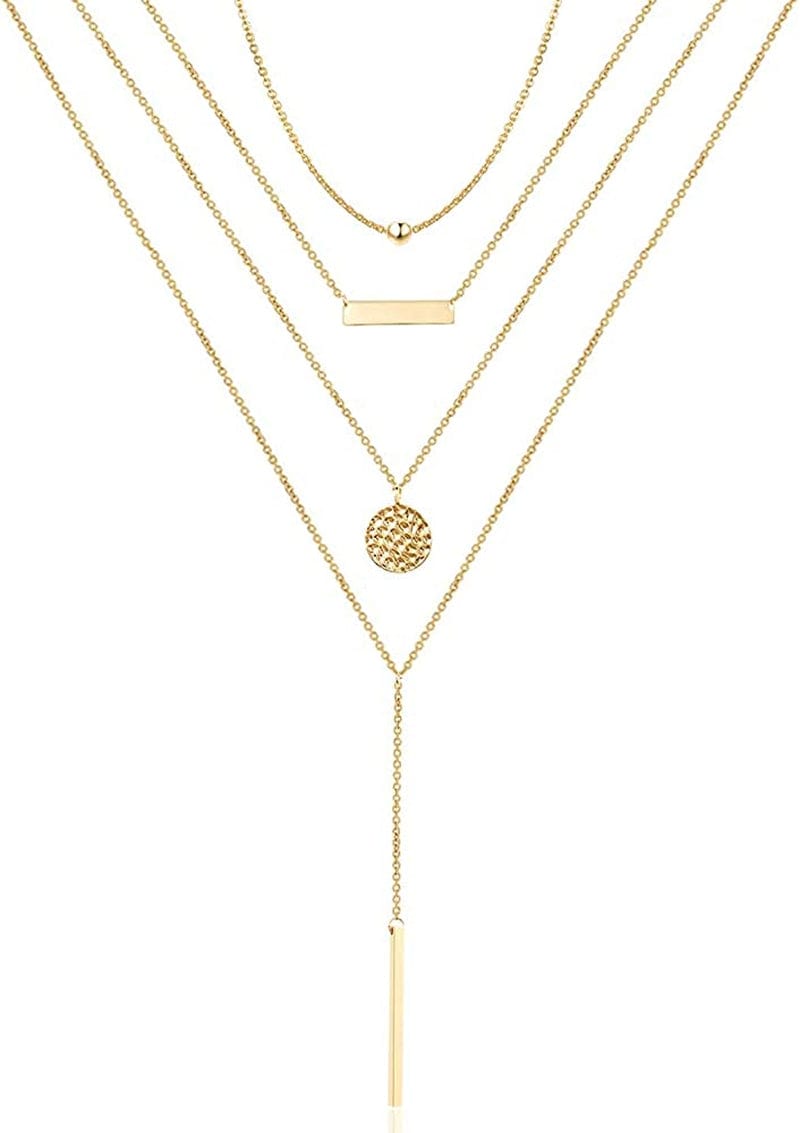 Turandoss Dainty Layered Choker Necklace, Handmade 14K Gold Plated Y Pendant Necklace Multilayer Bar Disc Necklace Adjustable Layering Choker Necklaces for Women "4PCS - Bead&Bar&Hammered Disc&Rod
