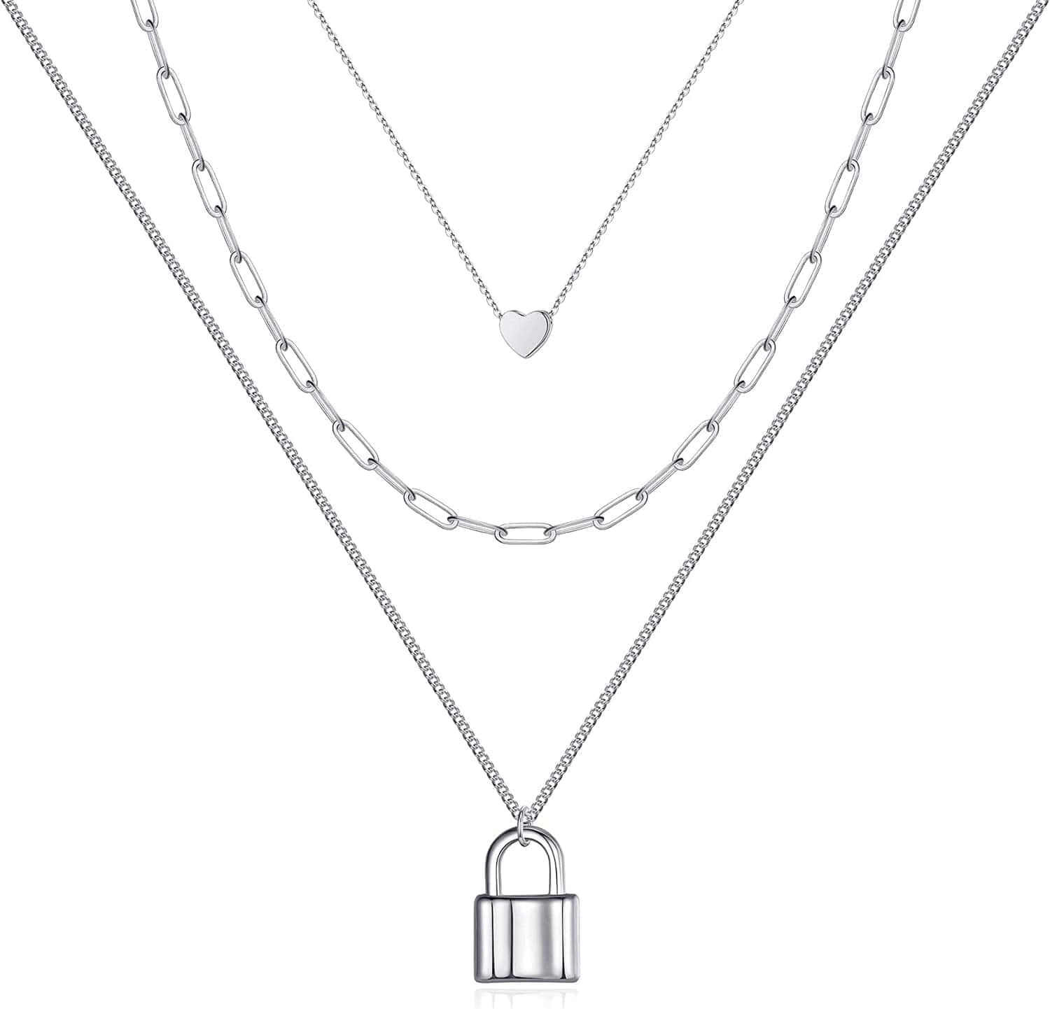 Turandoss Dainty Layered Choker Necklace, Handmade 14K Gold Plated Y Pendant Necklace Multilayer Bar Disc Necklace Adjustable Layering Choker Necklaces for Women 3PCS - Heart&Link Chain&Lock-Silver