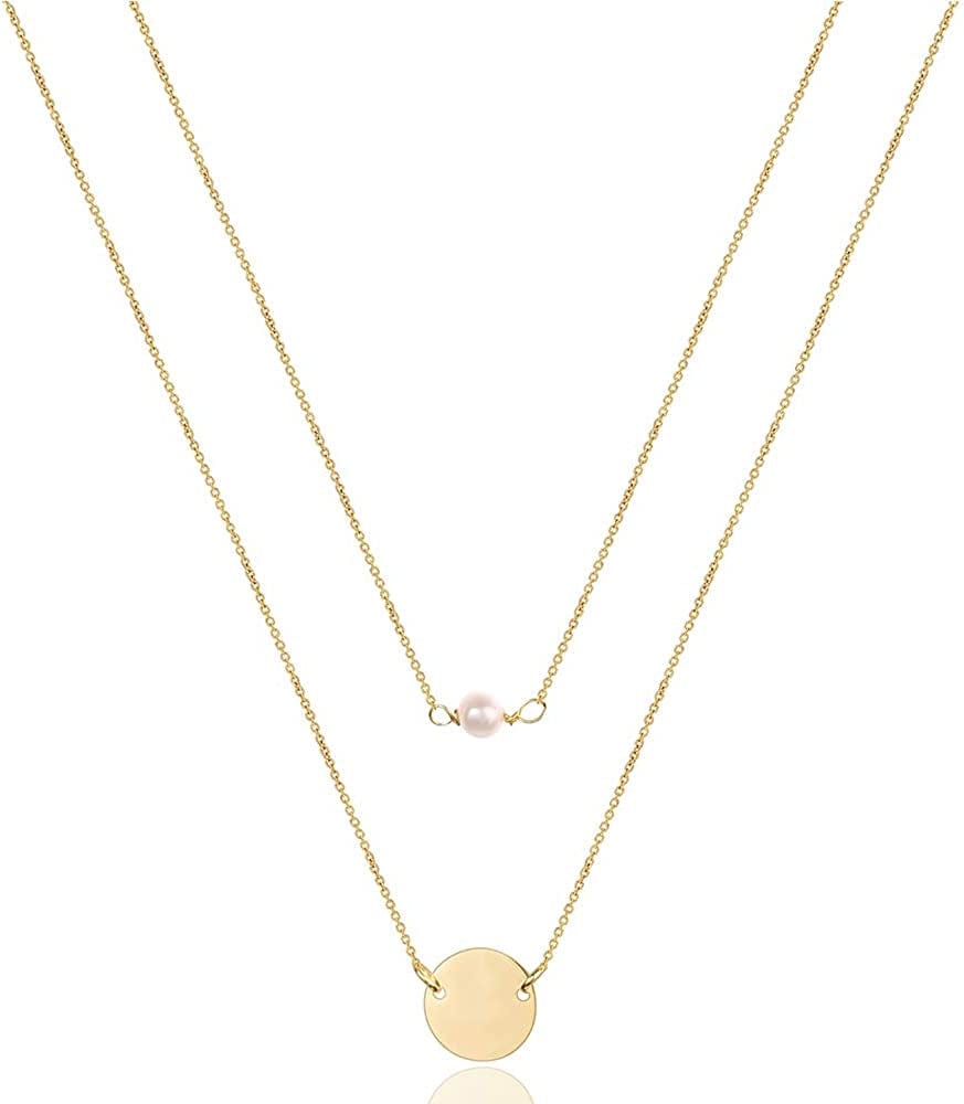 Turandoss Dainty Layered Choker Necklace, Handmade 14K Gold Plated Y Pendant Necklace Multilayer Bar Disc Necklace Adjustable Layering Choker Necklaces for Women 2PCS - Pearl&Disc