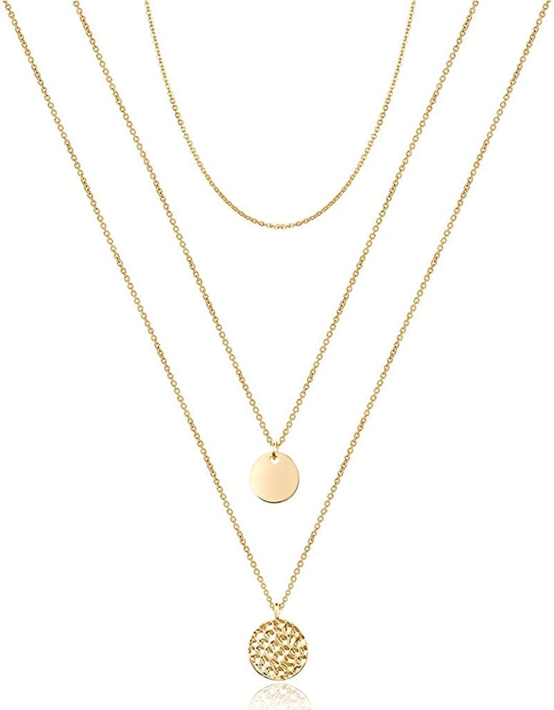 Turandoss Dainty Layered Choker Necklace, Handmade 14K Gold Plated Y Pendant Necklace Multilayer Bar Disc Necklace Adjustable Layering Choker Necklaces for Women 3PCS - Chain&Disc&Hammered Disc