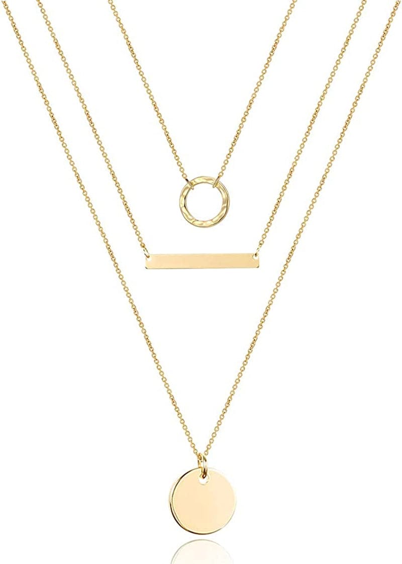 Turandoss Dainty Layered Choker Necklace, Handmade 14K Gold Plated Y Pendant Necklace Multilayer Bar Disc Necklace Adjustable Layering Choker Necklaces for Women 3PCS - Circle&Bar&Disc