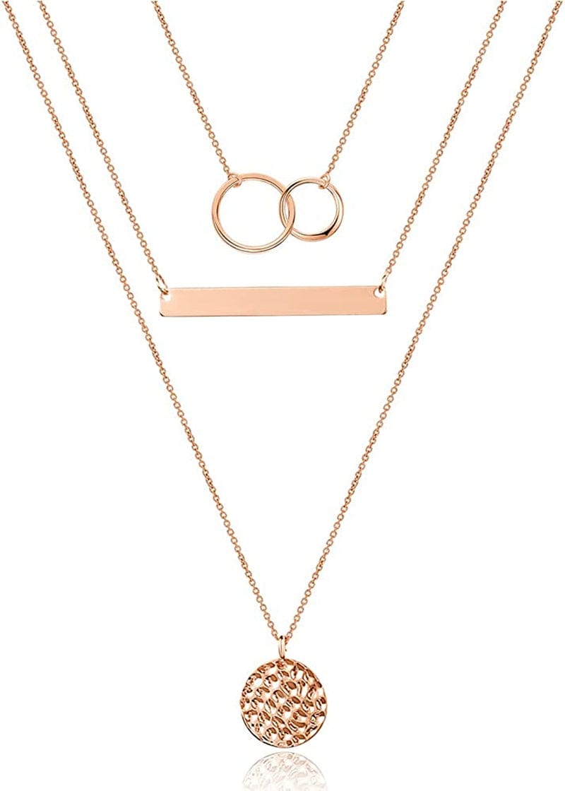 Turandoss Dainty Layered Choker Necklace, Handmade 14K Gold Plated Y Pendant Necklace Multilayer Bar Disc Necklace Adjustable Layering Choker Necklaces for Women 3PCS Rose Gold - Two Circles&Bar&Hammered Disc