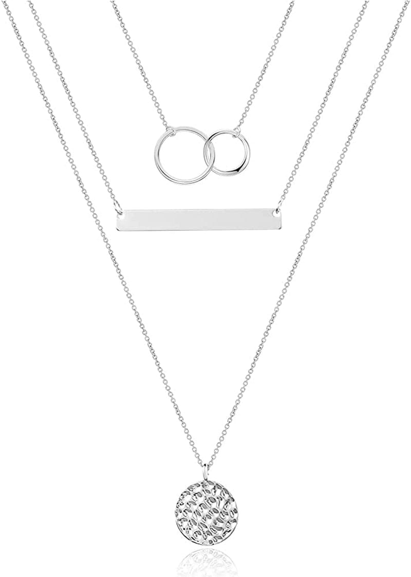 Turandoss Dainty Layered Choker Necklace, Handmade 14K Gold Plated Y Pendant Necklace Multilayer Bar Disc Necklace Adjustable Layering Choker Necklaces for Women 3PCS Silver - Two Circles&Bar&Hammered Disc