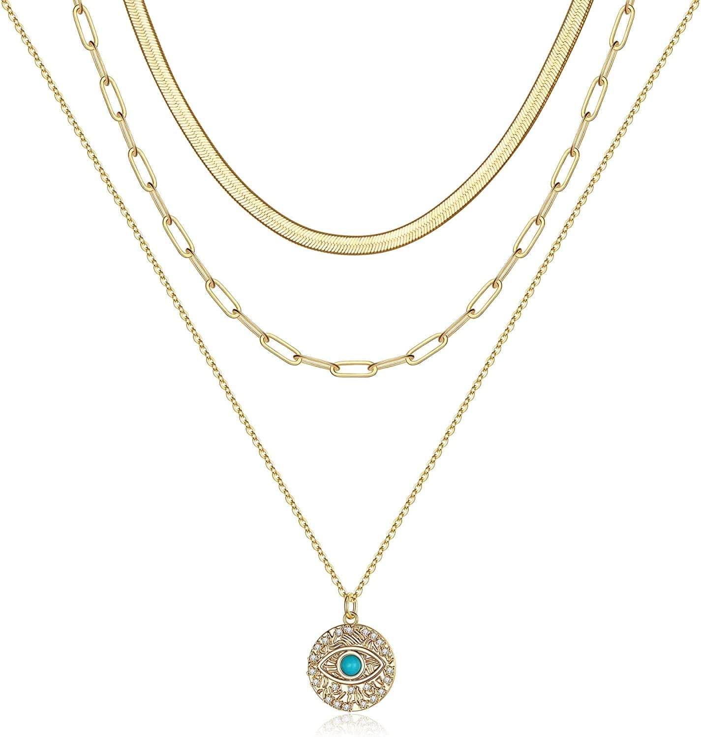 Turandoss Dainty Layered Choker Necklace, Handmade 14K Gold Plated Y Pendant Necklace Multilayer Bar Disc Necklace Adjustable Layering Choker Necklaces for Women 3PCS - Snake Chain&Link Chain&Evil Eye