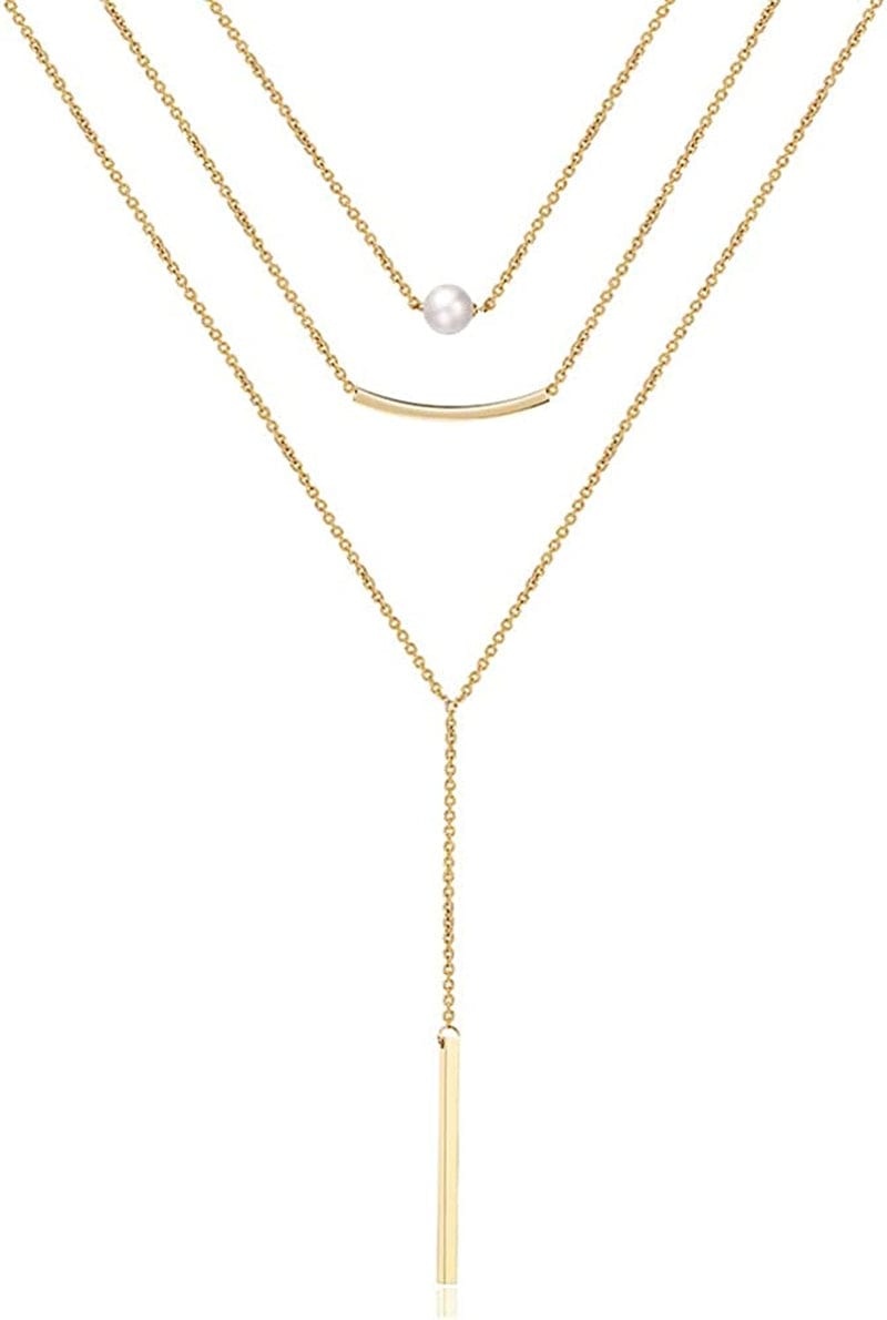 Turandoss Dainty Layered Choker Necklace, Handmade 14K Gold Plated Y Pendant Necklace Multilayer Bar Disc Necklace Adjustable Layering Choker Necklaces for Women 3PCS - Pearl&Curved Bar&Bar