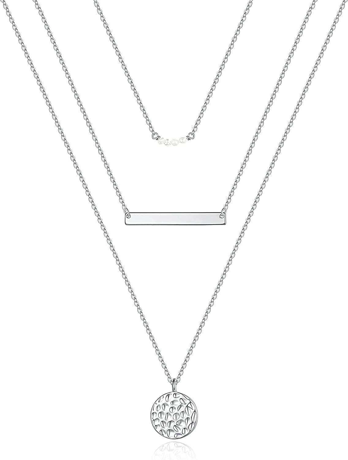 Turandoss Dainty Layered Choker Necklace, Handmade 14K Gold Plated Y Pendant Necklace Multilayer Bar Disc Necklace Adjustable Layering Choker Necklaces for Women 3PCS Silver - Pearls&Bar&Hammered Disc