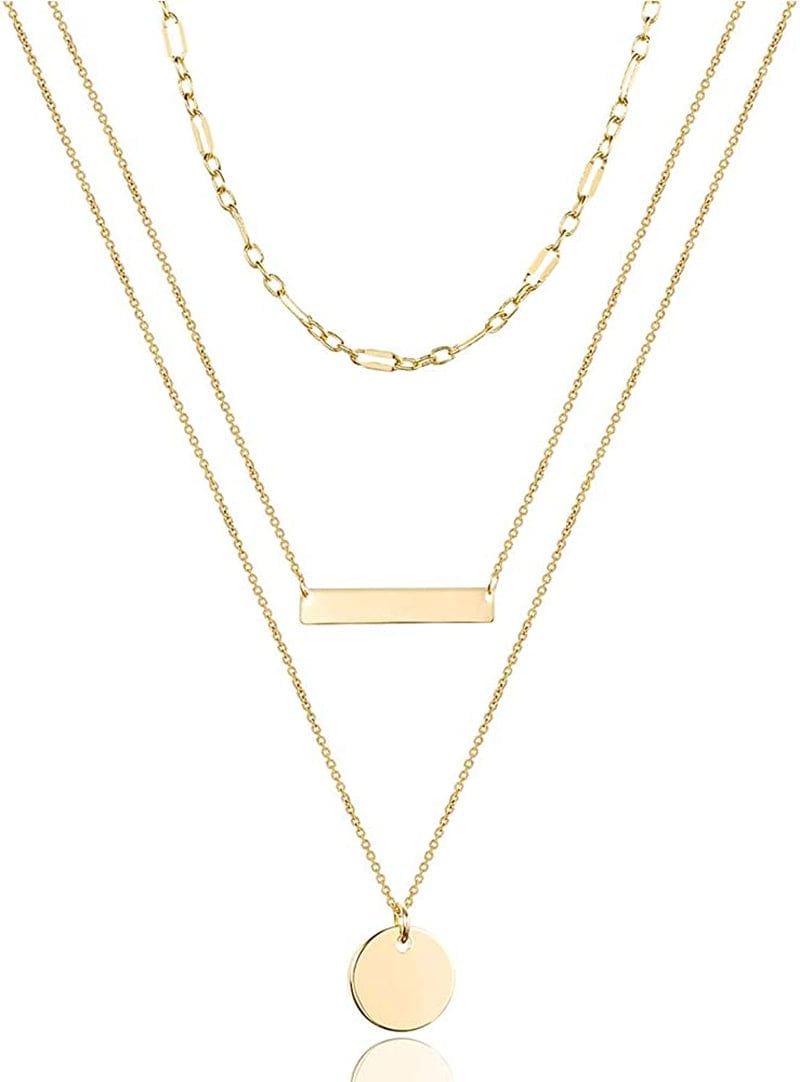 Turandoss Dainty Layered Choker Necklace, Handmade 14K Gold Plated Y Pendant Necklace Multilayer Bar Disc Necklace Adjustable Layering Choker Necklaces for Women 3PCS - Chain&Bar&Disc