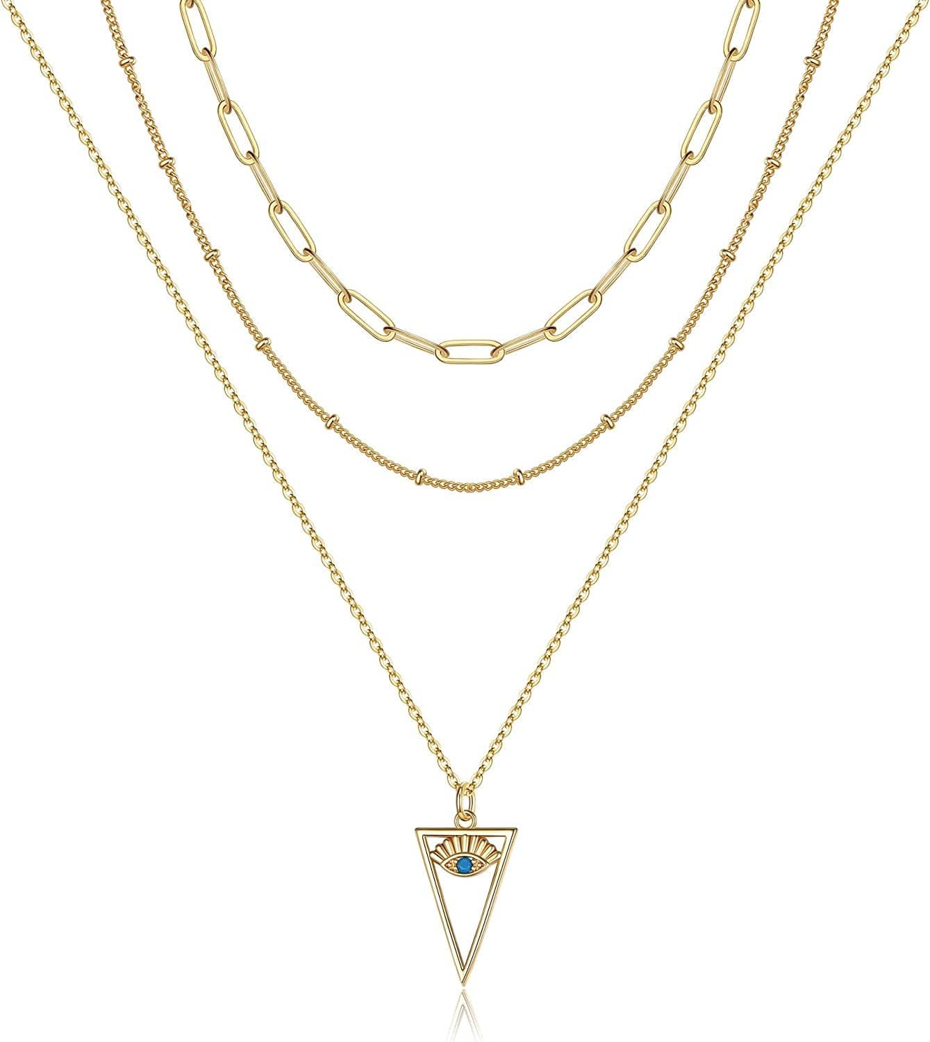 Turandoss Dainty Layered Choker Necklace, Handmade 14K Gold Plated Y Pendant Necklace Multilayer Bar Disc Necklace Adjustable Layering Choker Necklaces for Women 3PCS - Link Chain&Beads Chain&Evil Eye