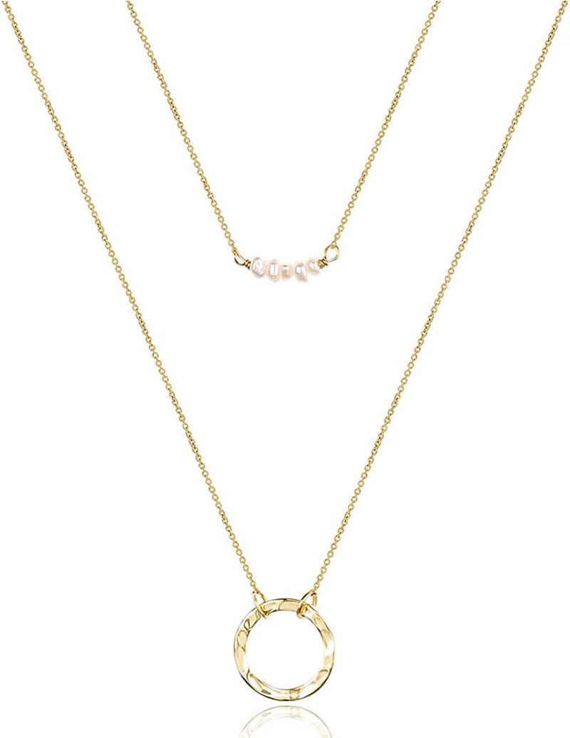 Turandoss Dainty Layered Choker Necklace, Handmade 14K Gold Plated Y Pendant Necklace Multilayer Bar Disc Necklace Adjustable Layering Choker Necklaces for Women 2PCS - Pearls&Circle