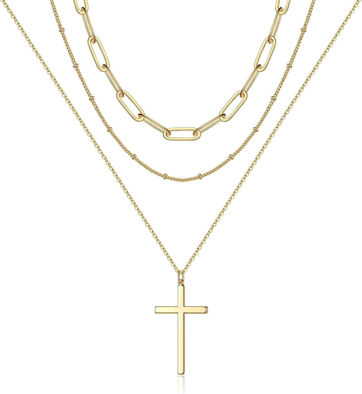 Turandoss Dainty Layered Choker Necklace, Handmade 14K Gold Plated Y Pendant Necklace Multilayer Bar Disc Necklace Adjustable Layering Choker Necklaces for Women 3PCS - Link Chain&Beads Chain&Cross