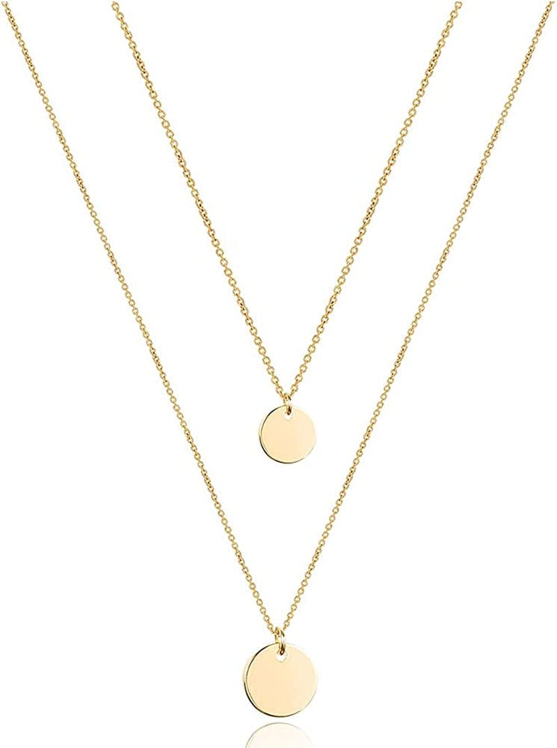 Turandoss Dainty Layered Choker Necklace, Handmade 14K Gold Plated Y Pendant Necklace Multilayer Bar Disc Necklace Adjustable Layering Choker Necklaces for Women 2PCS - Disc&Disc