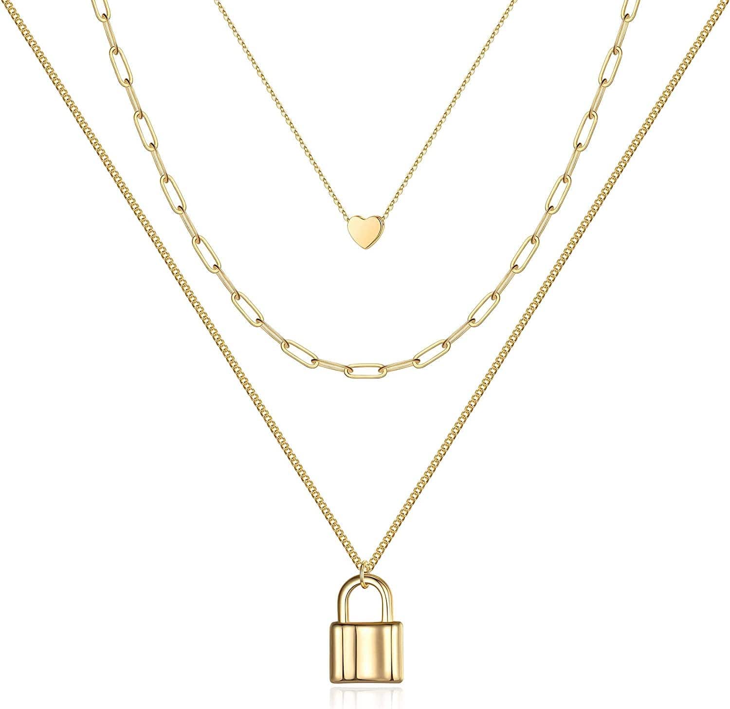 Turandoss Dainty Layered Choker Necklace, Handmade 14K Gold Plated Y Pendant Necklace Multilayer Bar Disc Necklace Adjustable Layering Choker Necklaces for Women 3PCS - Heart&Link Chain&Lock