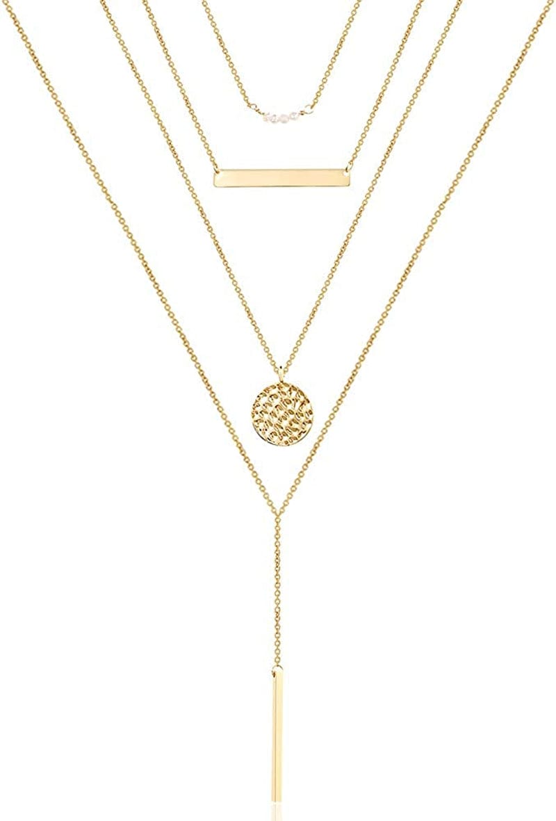 Turandoss Dainty Layered Choker Necklace, Handmade 14K Gold Plated Y Pendant Necklace Multilayer Bar Disc Necklace Adjustable Layering Choker Necklaces for Women "4PCS - Pearls&Bar& Hammered Disc&Long Bar