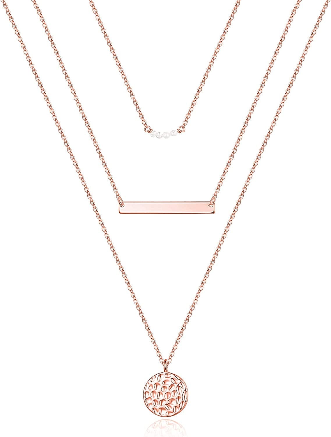Turandoss Dainty Layered Choker Necklace, Handmade 14K Gold Plated Y Pendant Necklace Multilayer Bar Disc Necklace Adjustable Layering Choker Necklaces for Women 3PCS Rose Gold - Pearls&Bar&Hammered Disc