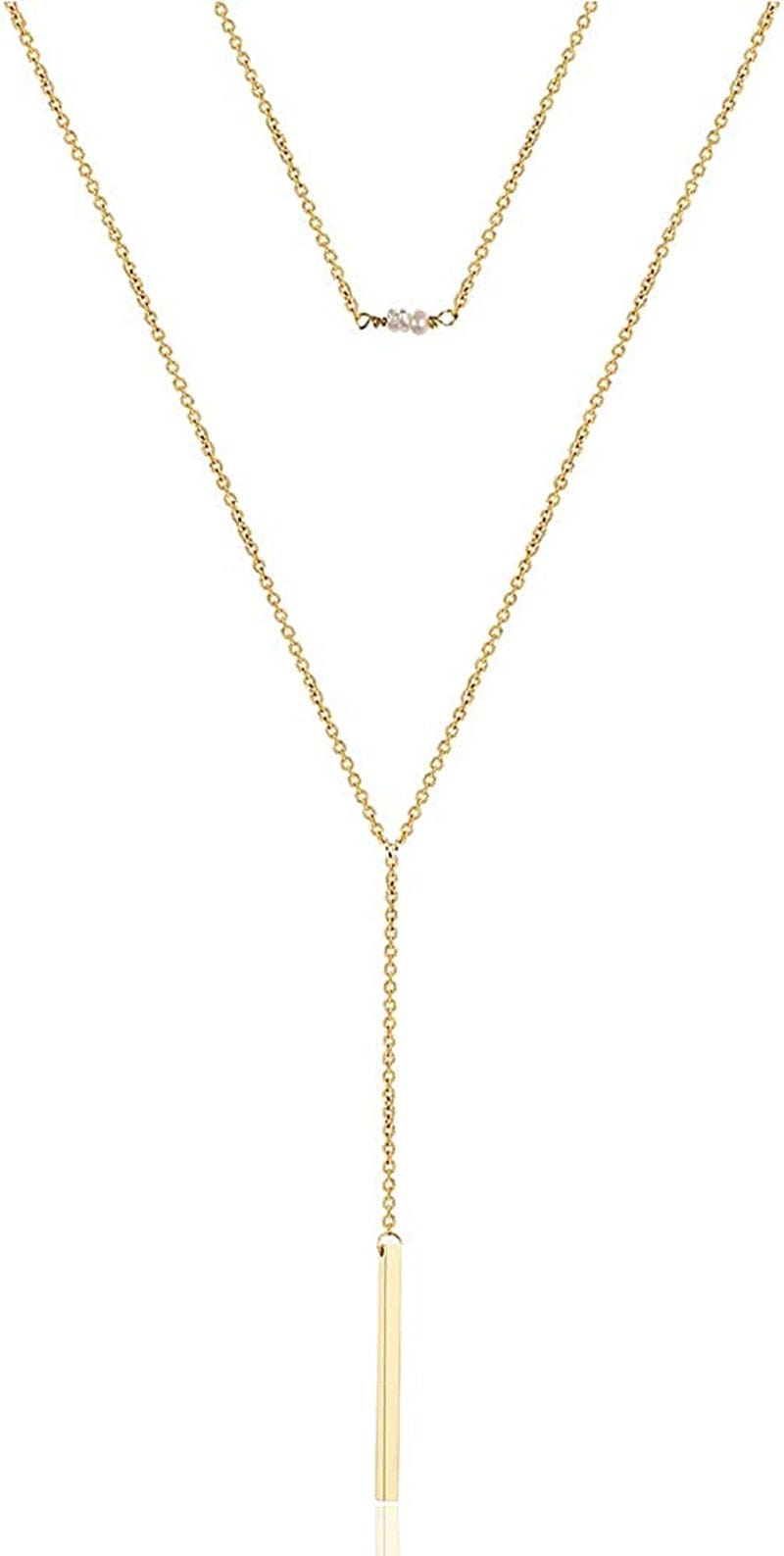 Turandoss Dainty Layered Choker Necklace, Handmade 14K Gold Plated Y Pendant Necklace Multilayer Bar Disc Necklace Adjustable Layering Choker Necklaces for Women 2PCS - Pearls&Bar