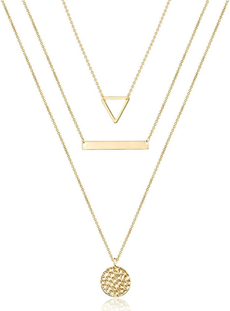 Turandoss Dainty Layered Choker Necklace, Handmade 14K Gold Plated Y Pendant Necklace Multilayer Bar Disc Necklace Adjustable Layering Choker Necklaces for Women 3PCS - Triangle&Bar&Hammered Disc