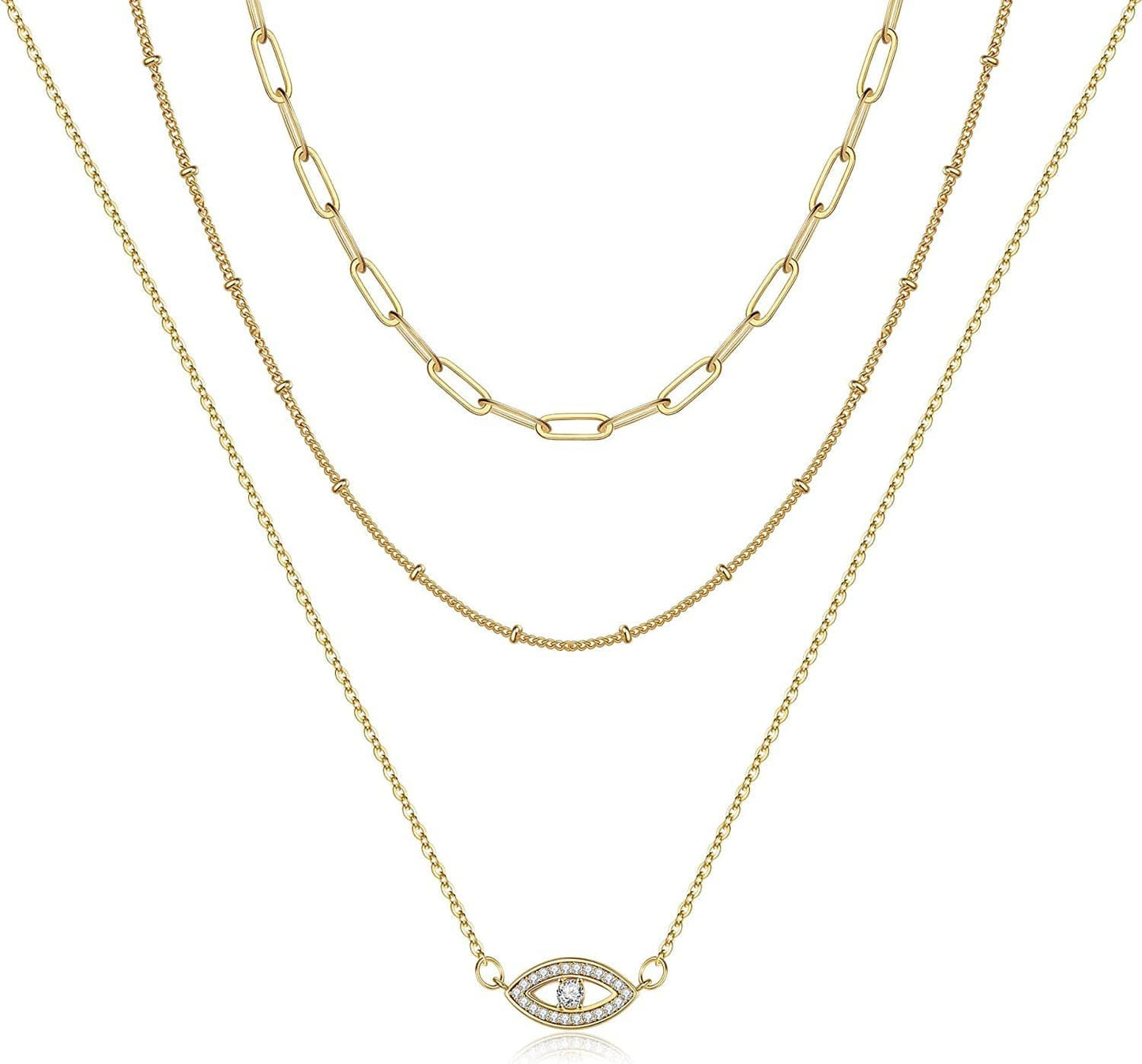 Turandoss Dainty Layered Choker Necklace, Handmade 14K Gold Plated Y Pendant Necklace Multilayer Bar Disc Necklace Adjustable Layering Choker Necklaces for Women 3PCS - Link Chain&Beads Chain&CZ Evil Eye