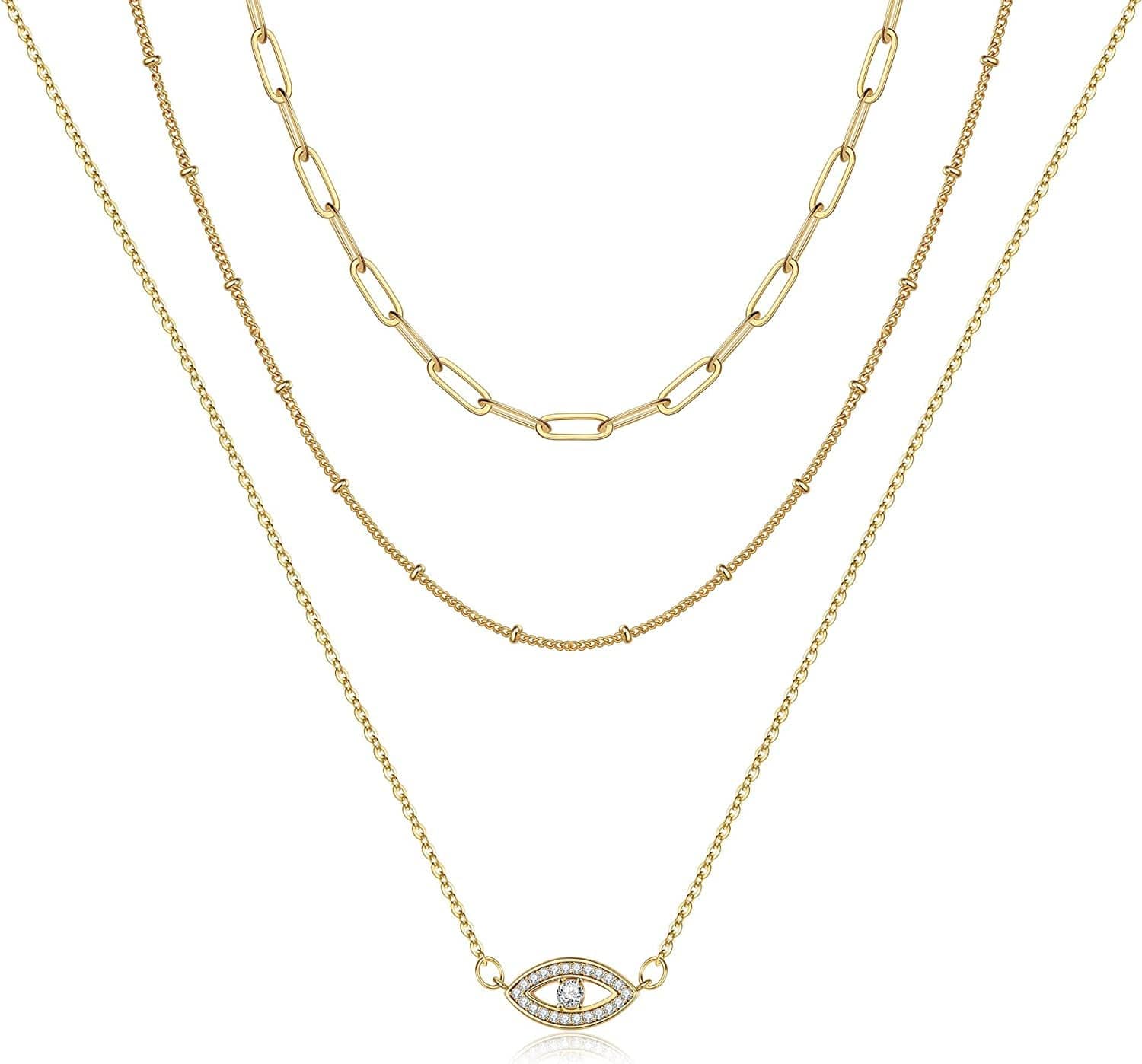 Turandoss Dainty Layered Choker Necklace, Handmade 14K Gold Plated Y Pendant Necklace Multilayer Bar Disc Necklace Adjustable Layering Choker Necklaces for Women 3PCS - Link Chain&Beads Chain&CZ Evil Eye