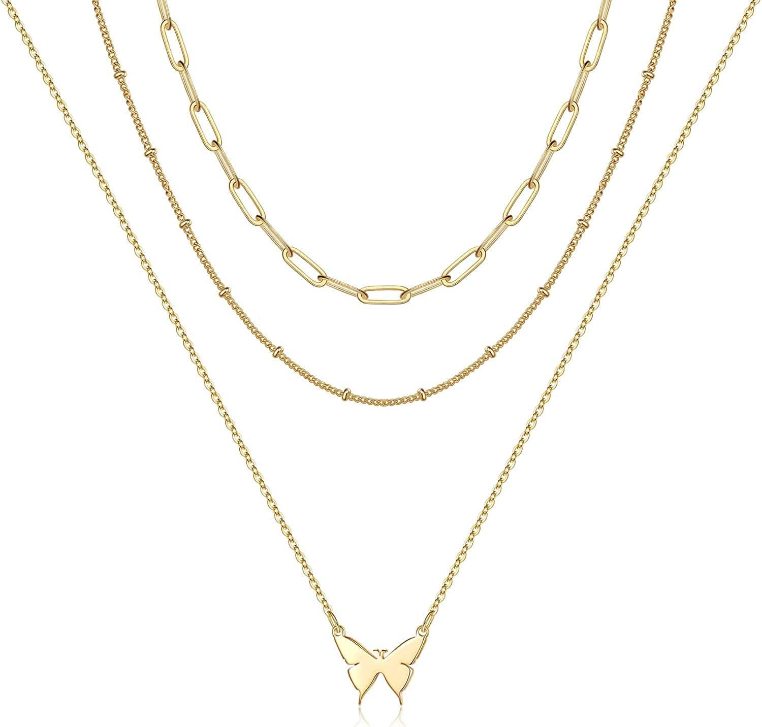 Turandoss Dainty Layered Choker Necklace, Handmade 14K Gold Plated Y Pendant Necklace Multilayer Bar Disc Necklace Adjustable Layering Choker Necklaces for Women 3PCS - Link Chain&Beads Chain&Butterfly