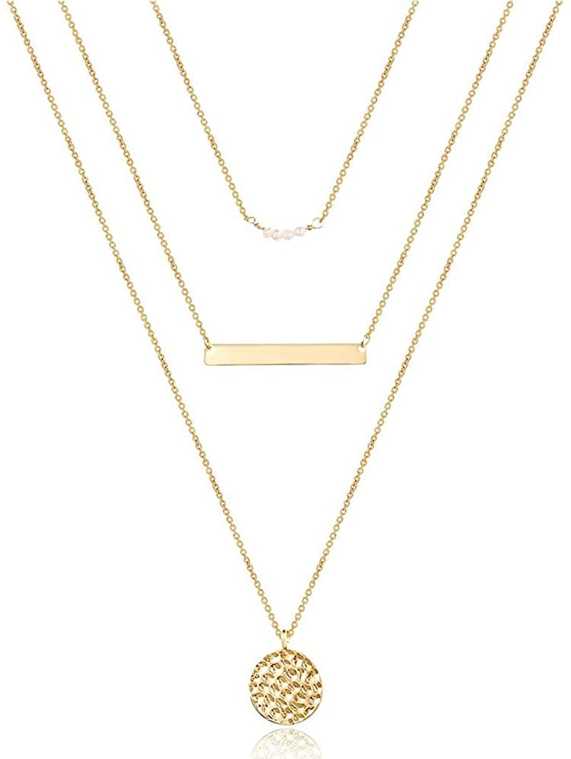 Turandoss Dainty Layered Choker Necklace, Handmade 14K Gold Plated Y Pendant Necklace Multilayer Bar Disc Necklace Adjustable Layering Choker Necklaces for Women "3PCS - Pearls&Bar&Hammered Disc