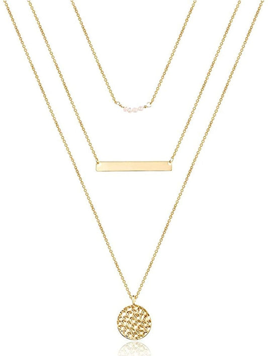 Turandoss Dainty Layered Choker Necklace, Handmade 14K Gold Plated Y Pendant Necklace Multilayer Bar Disc Necklace Adjustable Layering Choker Necklaces for Women "3PCS - Pearls&Bar&Hammered Disc