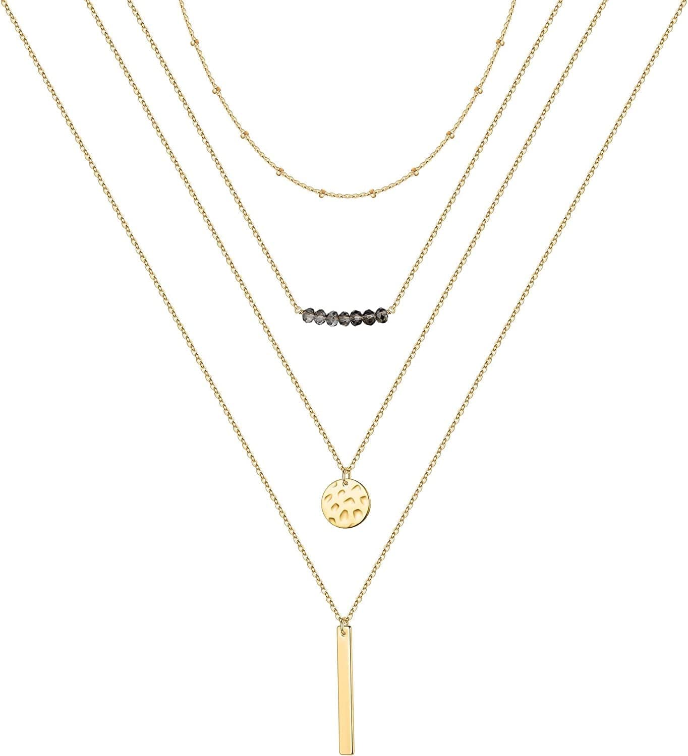 Turandoss Gold Layered Necklaces for Women - 14K Gold Plated Handmade Multilayer Bar Pearls Coin Disc Moon Butterfly Medallion Adjustable Dainty Layered Choker Necklaces for Women Jewelry 4PCS - Chain&Beads&Bar&Hammered Disc&Bar