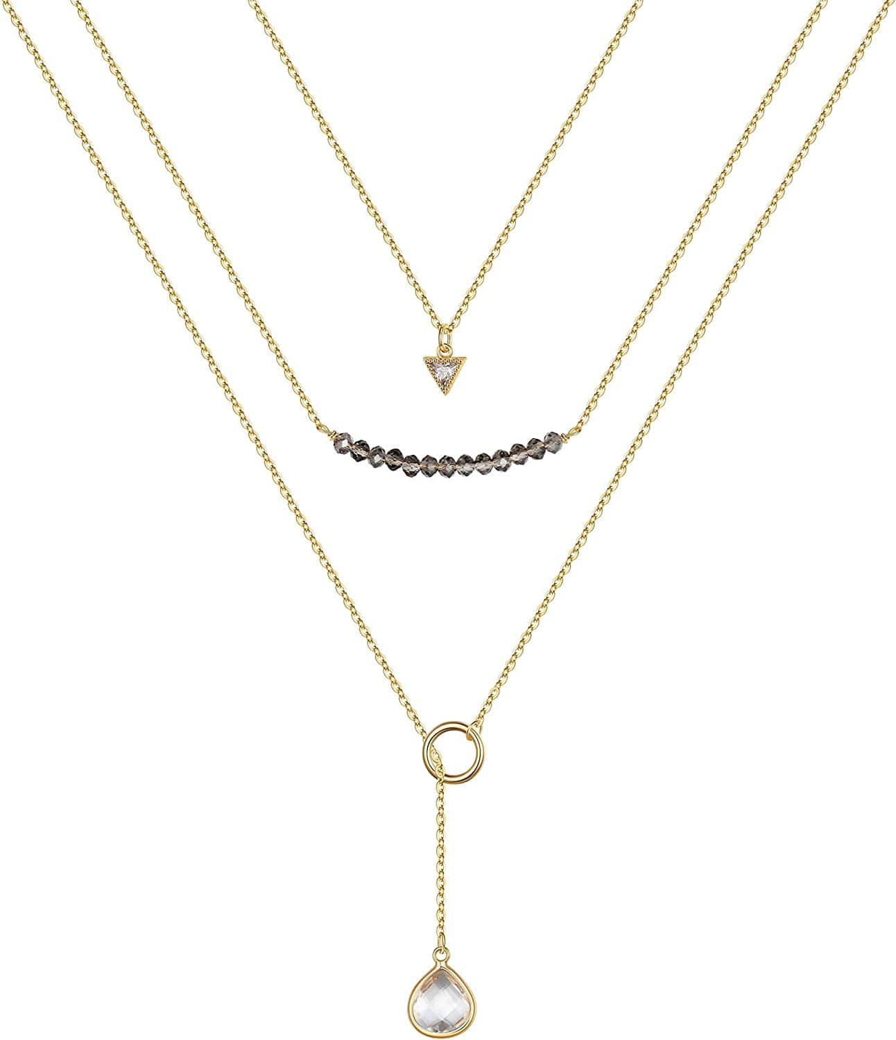 Turandoss Gold Layered Necklaces for Women - 14K Gold Plated Handmade Multilayer Bar Pearls Coin Disc Moon Butterfly Medallion Adjustable Dainty Layered Choker Necklaces for Women Jewelry 3 Layered Necklace - CZ Triangle&Beads&Opal