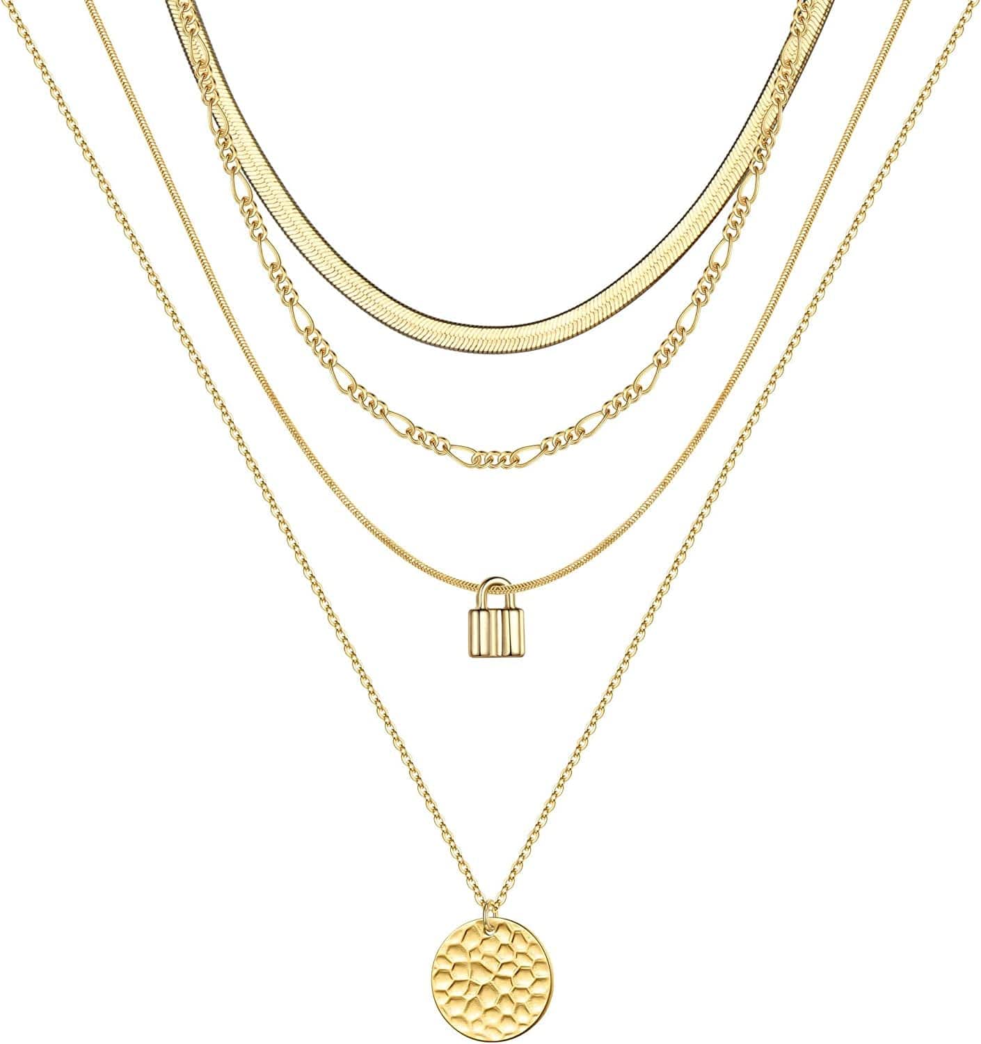 Turandoss Gold Layered Necklaces for Women - 14K Gold Plated Handmade Multilayer Bar Pearls Coin Disc Moon Butterfly Medallion Adjustable Dainty Layered Choker Necklaces for Women Jewelry 4 Layered Necklace - Sanke Chain&Chain&Lock&Hammered Disc