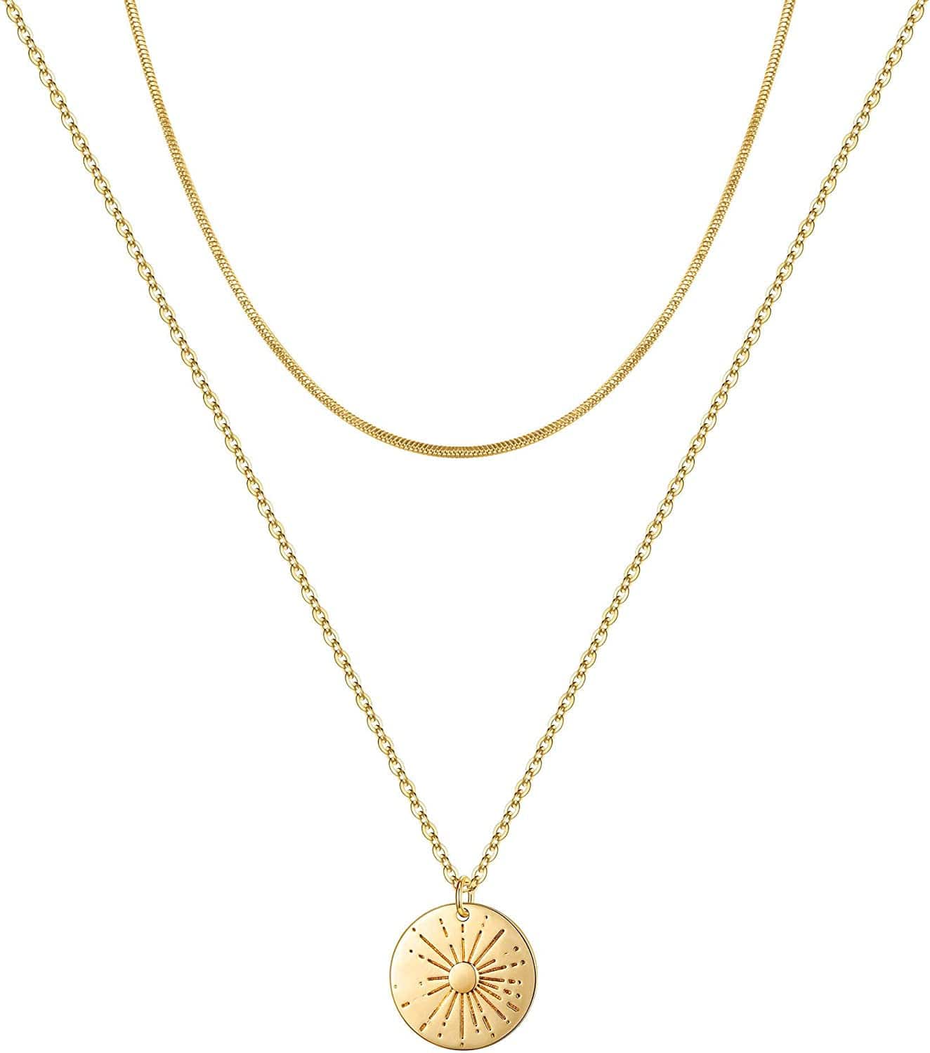 Turandoss Gold Layered Necklaces for Women - 14K Gold Plated Handmade Multilayer Bar Pearls Coin Disc Moon Butterfly Medallion Adjustable Dainty Layered Choker Necklaces for Women Jewelry 2PCS - Chain&Sunbeam