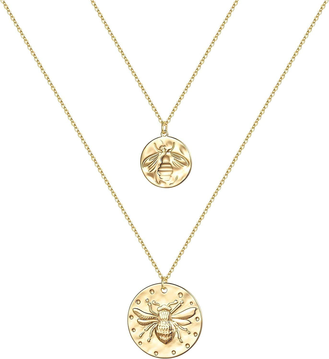 Turandoss Gold Layered Necklaces for Women - 14K Gold Plated Handmade Multilayer Bar Pearls Coin Disc Moon Butterfly Medallion Adjustable Dainty Layered Choker Necklaces for Women Jewelry 2PCS - Small Bee&Big Bee
