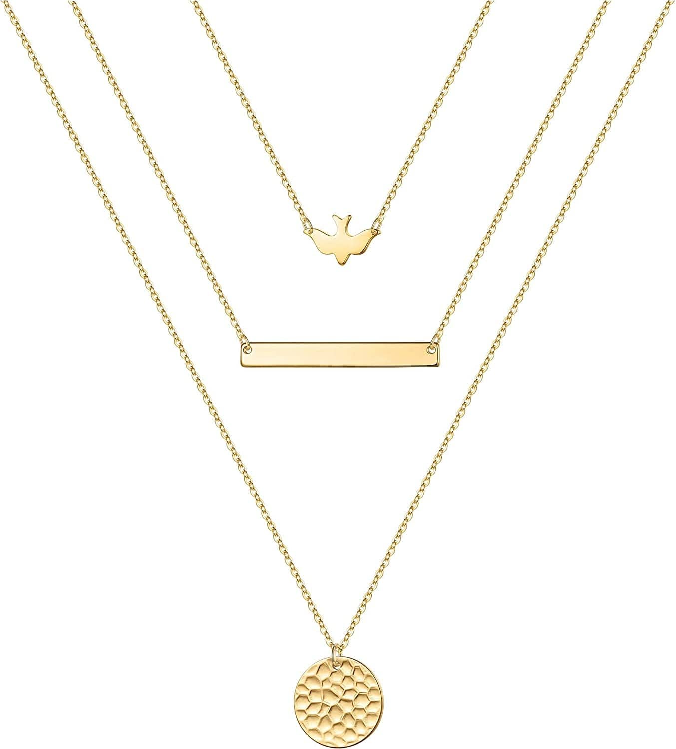 Turandoss Gold Layered Necklaces for Women - 14K Gold Plated Handmade Multilayer Bar Pearls Coin Disc Moon Butterfly Medallion Adjustable Dainty Layered Choker Necklaces for Women Jewelry 3PCS - Dove&Bar&Hammered Disc