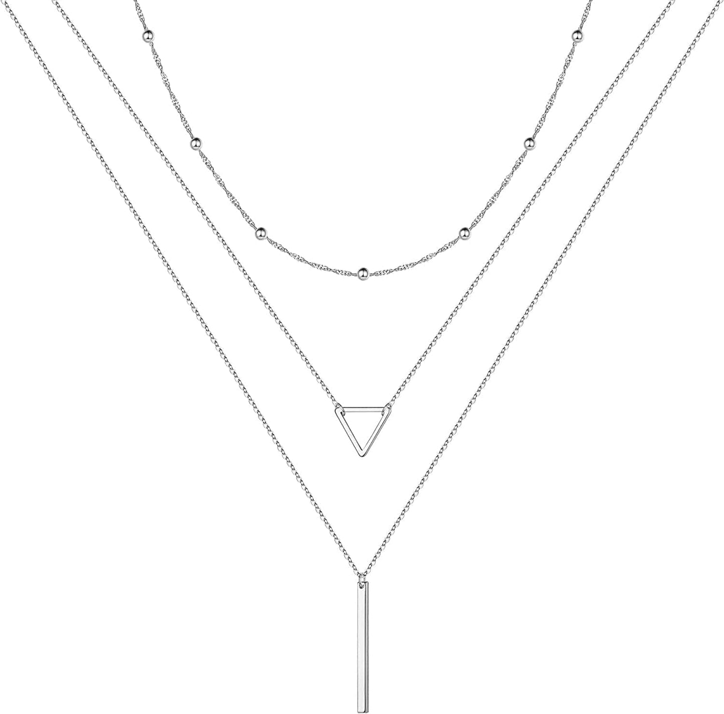 Turandoss Gold Layered Necklaces for Women - 14K Gold Plated Handmade Multilayer Bar Pearls Coin Disc Moon Butterfly Medallion Adjustable Dainty Layered Choker Necklaces for Women Jewelry 3PCS Silver - Chain&Triangle&Bar