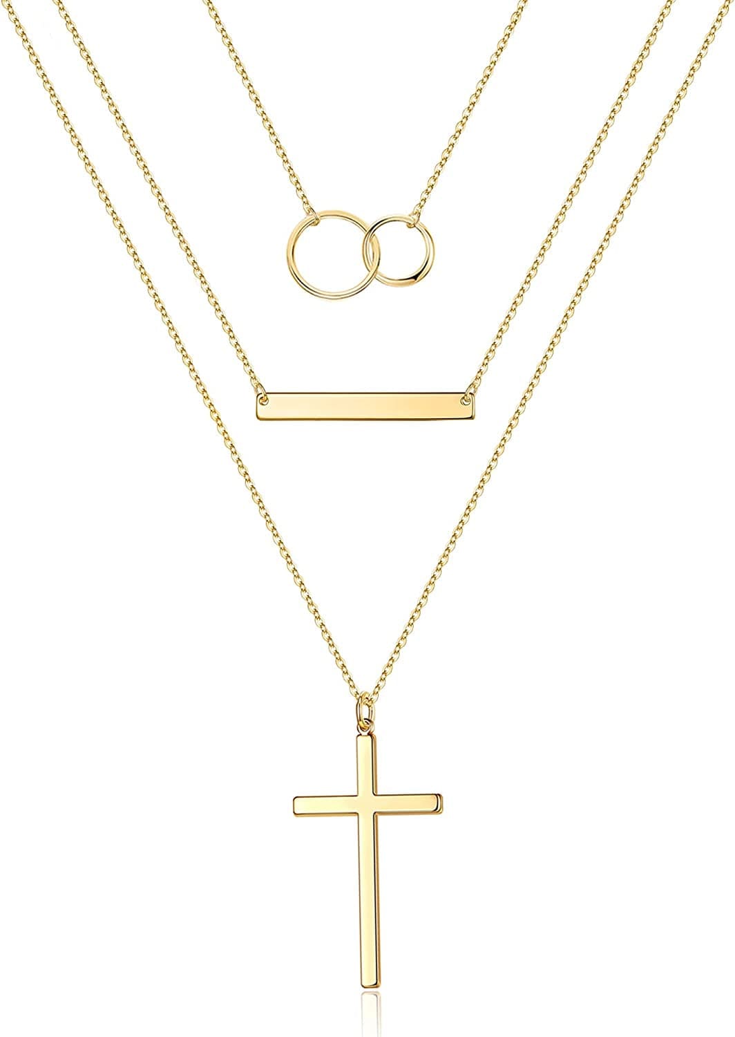 Turandoss Gold Layered Necklaces for Women - 14K Gold Plated Handmade Multilayer Bar Pearls Coin Disc Moon Butterfly Medallion Adjustable Dainty Layered Choker Necklaces for Women Jewelry 3PCS - Two Circle&Bar&Cross