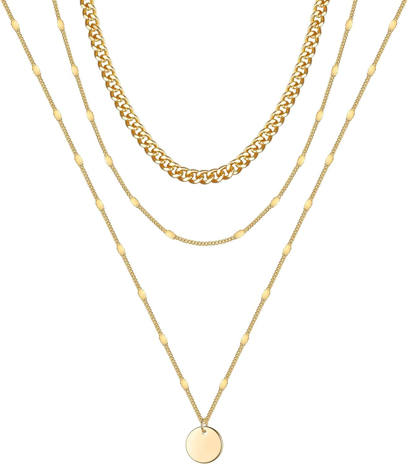 Turandoss Gold Layered Necklaces for Women - 14K Gold Plated Handmade Multilayer Bar Pearls Coin Disc Moon Butterfly Medallion Adjustable Dainty Layered Choker Necklaces for Women Jewelry 3 Layered Necklace - Thick&Chain&Disc
