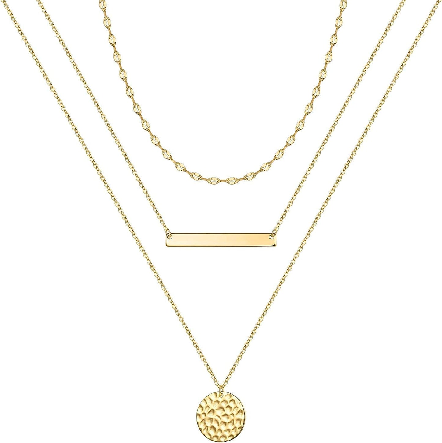 Turandoss Gold Layered Necklaces for Women - 14K Gold Plated Handmade Multilayer Bar Pearls Coin Disc Moon Butterfly Medallion Adjustable Dainty Layered Choker Necklaces for Women Jewelry 3PCS - Link Chain&Bar&Hammered Disc