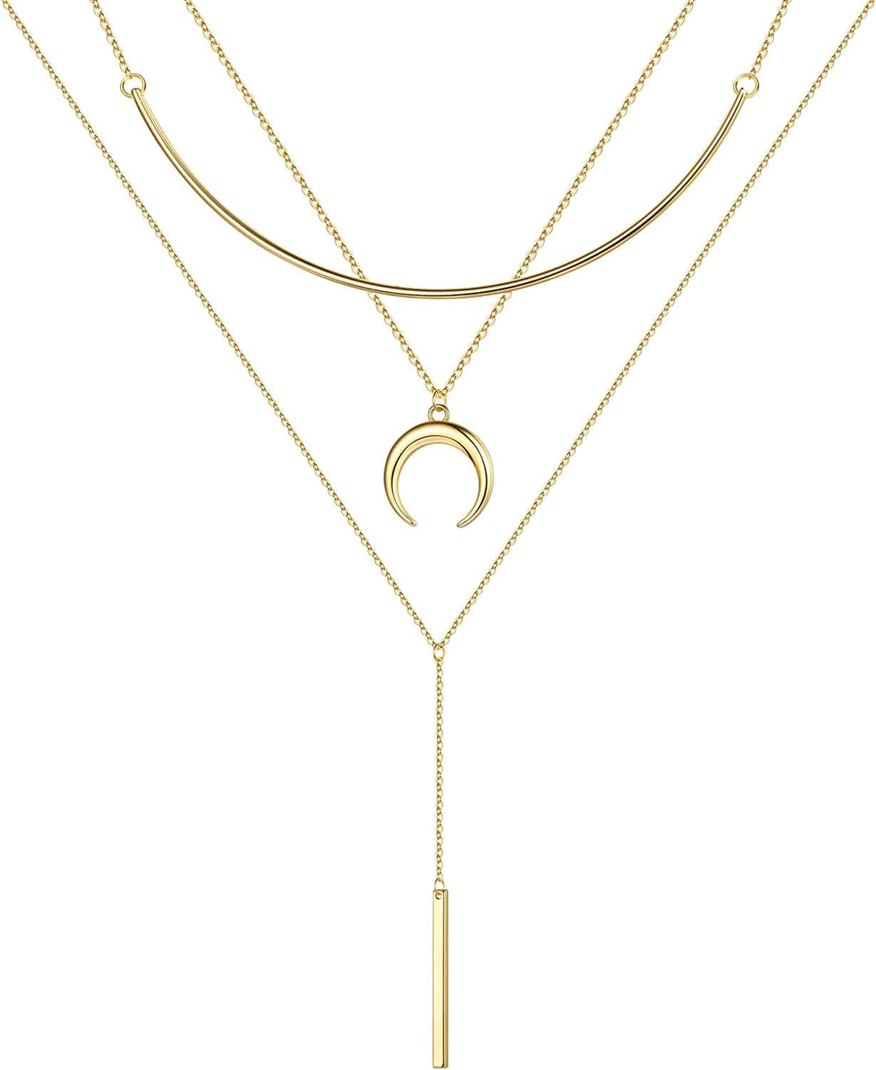 Turandoss Gold Layered Necklaces for Women - 14K Gold Plated Handmade Multilayer Bar Pearls Coin Disc Moon Butterfly Medallion Adjustable Dainty Layered Choker Necklaces for Women Jewelry "3PCS -Gold Chain&Crescent&Bar