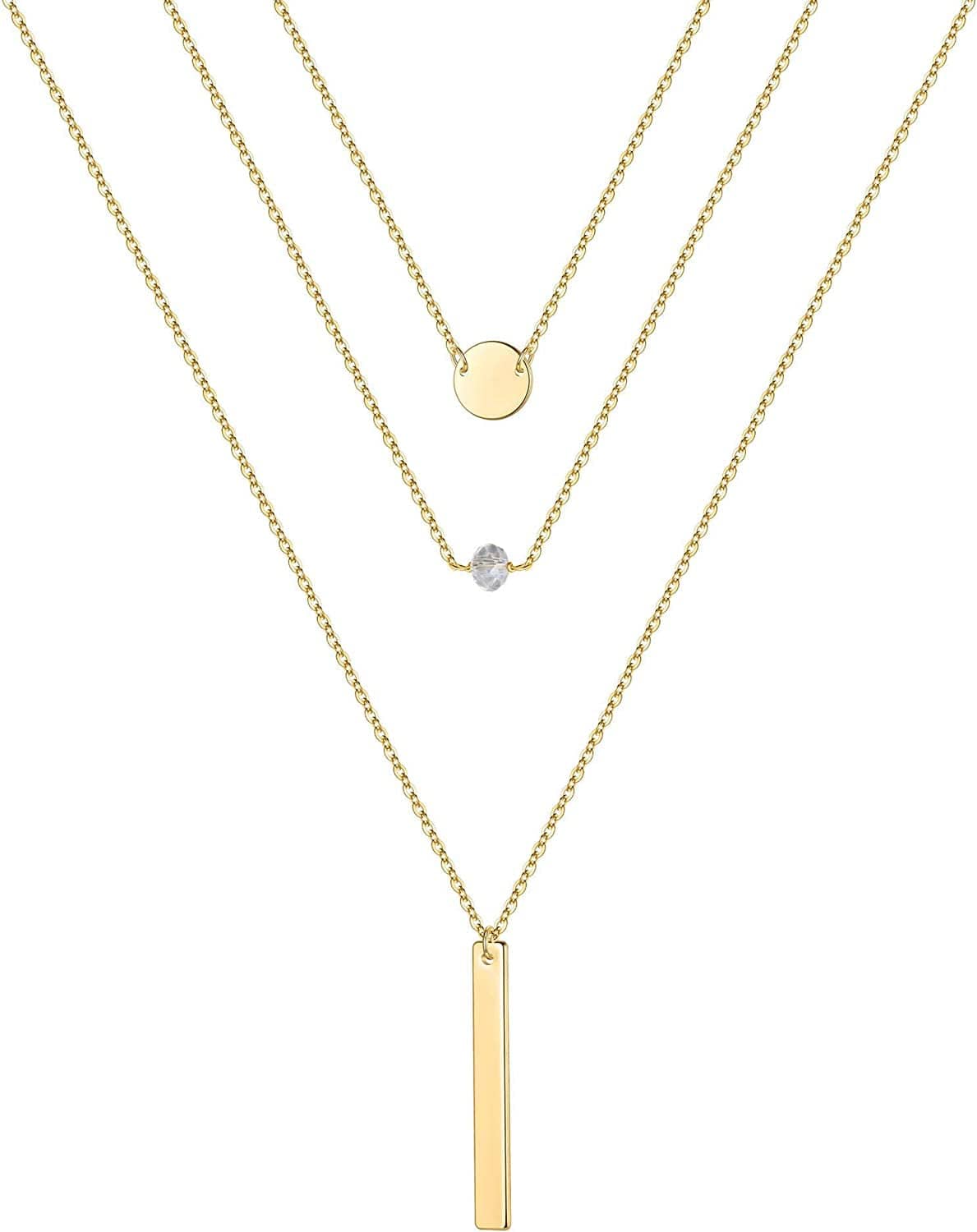 Turandoss Gold Layered Necklaces for Women - 14K Gold Plated Handmade Multilayer Bar Pearls Coin Disc Moon Butterfly Medallion Adjustable Dainty Layered Choker Necklaces for Women Jewelry 3PCS - Disc&CZ&Bar
