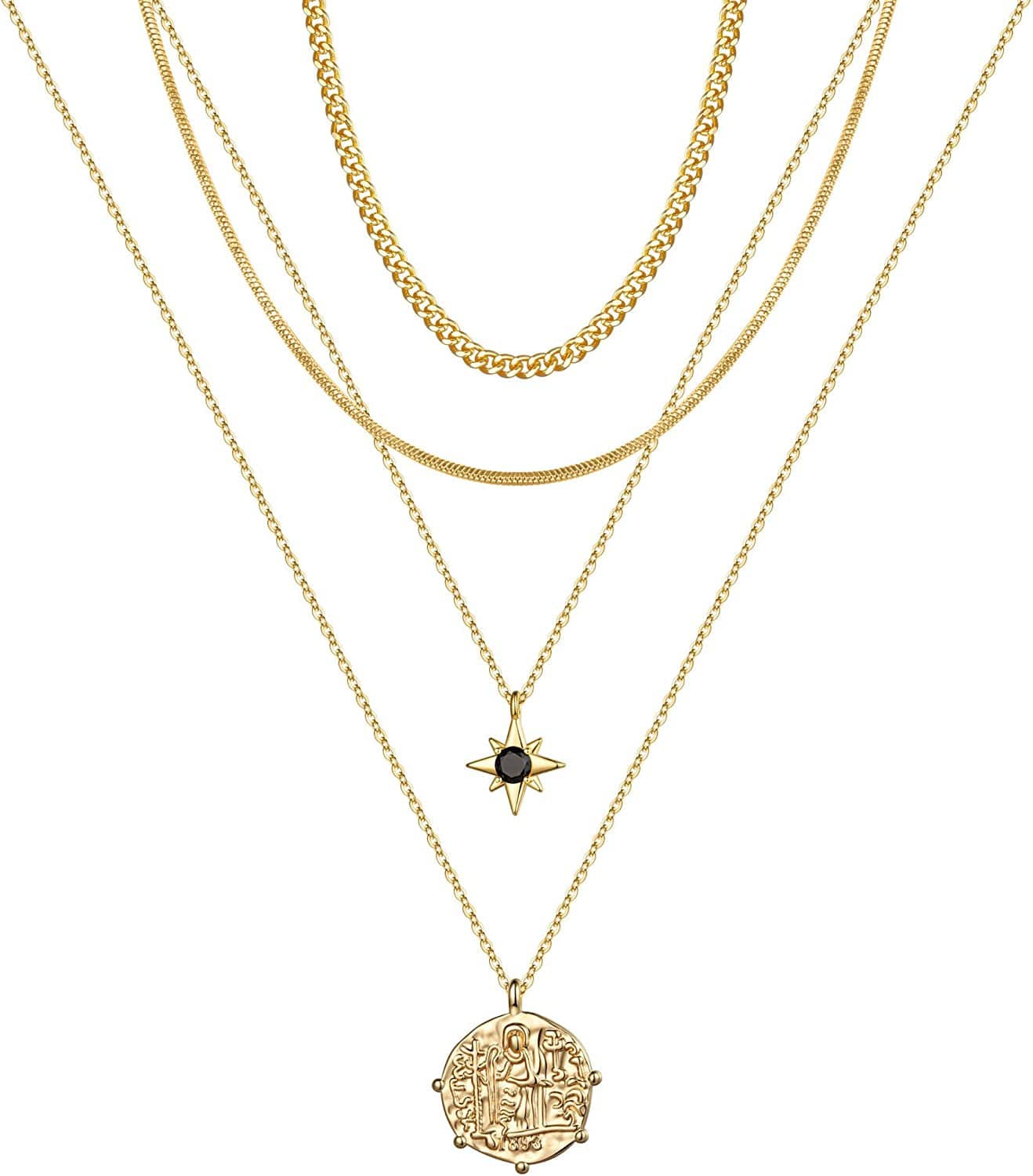 Turandoss Gold Layered Necklaces for Women - 14K Gold Plated Handmade Multilayer Bar Pearls Coin Disc Moon Butterfly Medallion Adjustable Dainty Layered Choker Necklaces for Women Jewelry 4PCS - Chain&Sanke Chain&North Star&Medallion