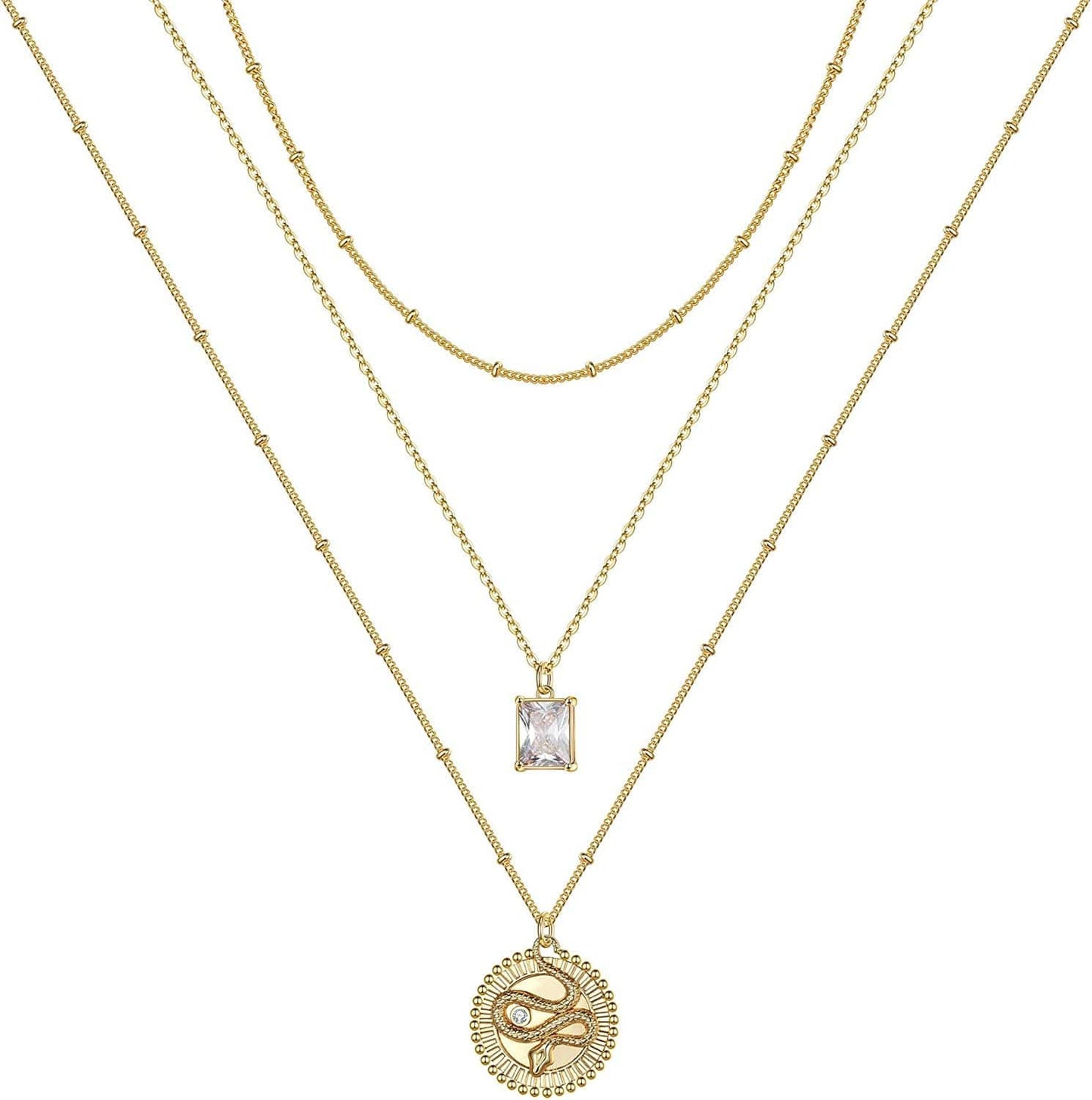 Turandoss Gold Layered Necklaces for Women - 14K Gold Plated Handmade Multilayer Bar Pearls Coin Disc Moon Butterfly Medallion Adjustable Dainty Layered Choker Necklaces for Women Jewelry 3 Layered Necklace - Chain&CZ&Snake Medallion