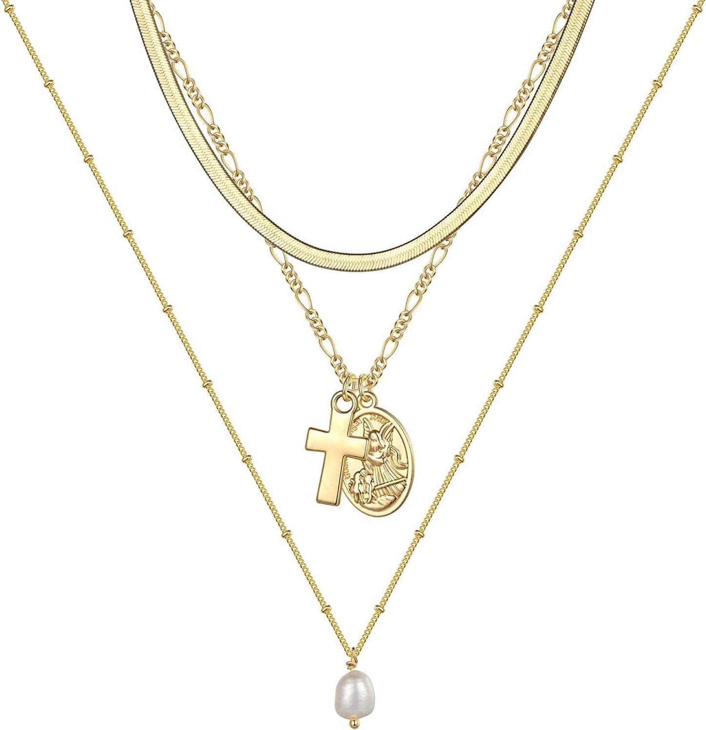 Turandoss Gold Layered Necklaces for Women - 14K Gold Plated Handmade Multilayer Bar Pearls Coin Disc Moon Butterfly Medallion Adjustable Dainty Layered Choker Necklaces for Women Jewelry 3PCS - Snake Chain&Cross Medallion&Pearl
