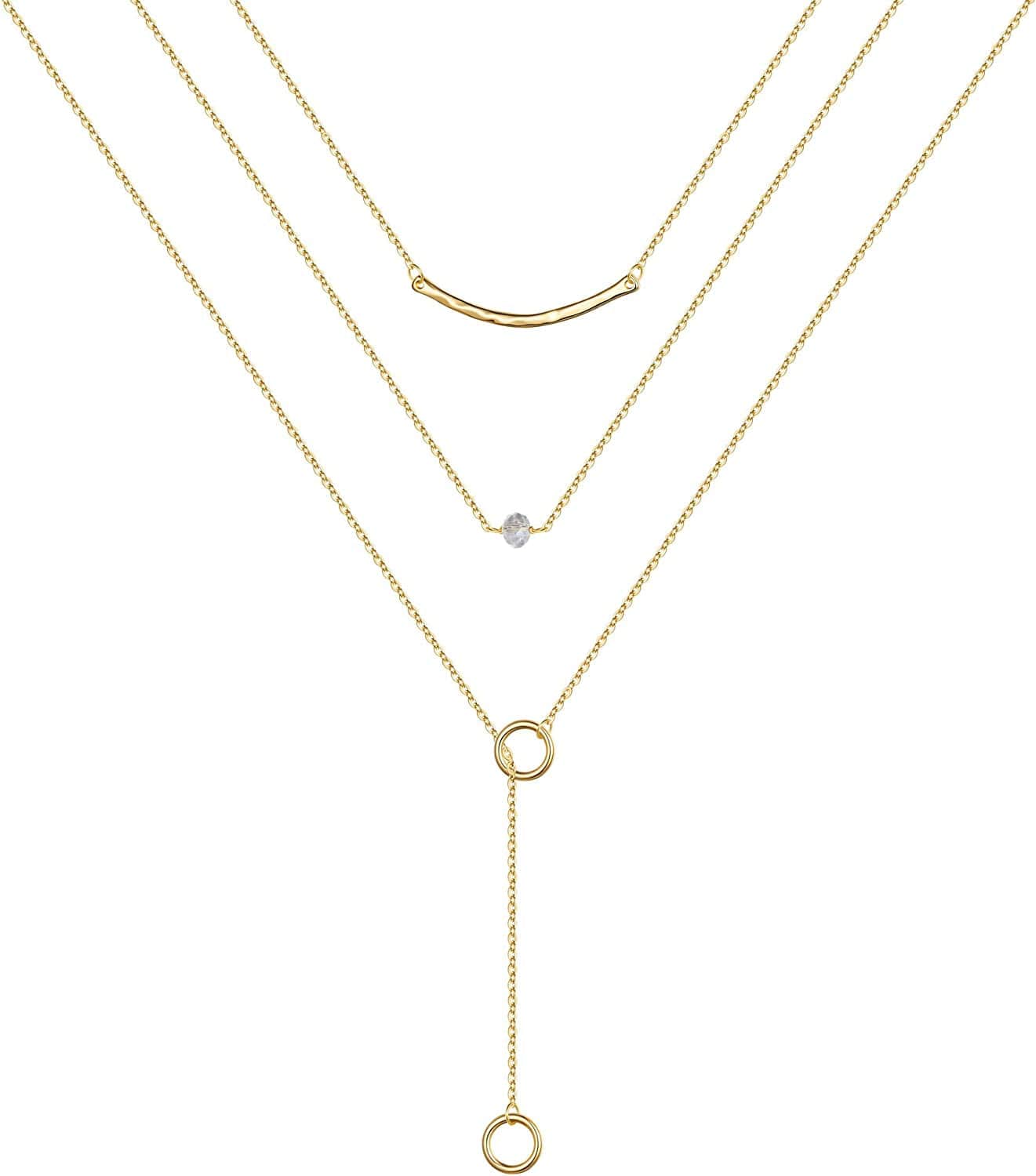 Turandoss Gold Layered Necklaces for Women - 14K Gold Plated Handmade Multilayer Bar Pearls Coin Disc Moon Butterfly Medallion Adjustable Dainty Layered Choker Necklaces for Women Jewelry 3PCS - Curved Bar&CZ&Circle Lariat