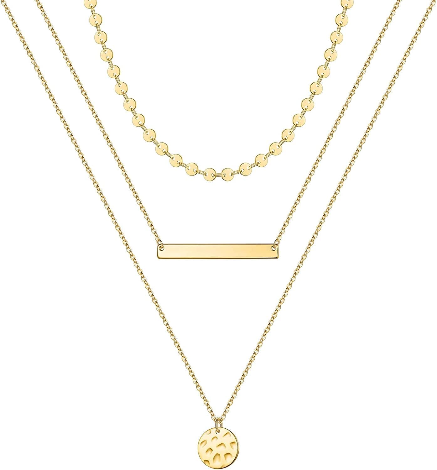 Turandoss Gold Layered Necklaces for Women - 14K Gold Plated Handmade Multilayer Bar Pearls Coin Disc Moon Butterfly Medallion Adjustable Dainty Layered Choker Necklaces for Women Jewelry 3PCS - Coin&Bar&Hammered Disc