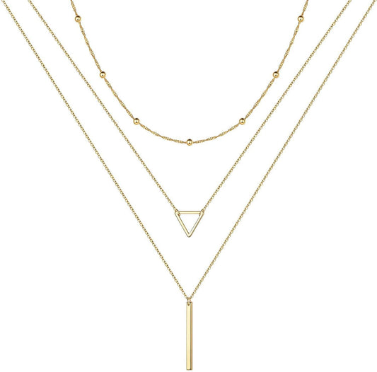 Turandoss Gold Layered Necklaces for Women - 14K Gold Plated Handmade Multilayer Bar Pearls Coin Disc Moon Butterfly Medallion Adjustable Dainty Layered Choker Necklaces for Women Jewelry "3PCS - Chain&Triangle&Bar