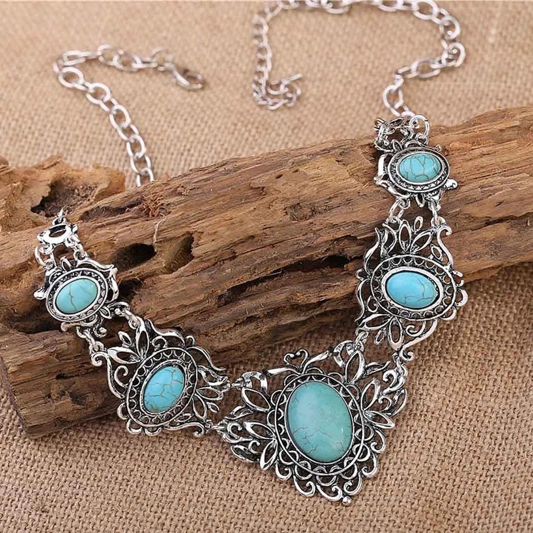 Turquoise Jewelry Sets Bohemian Pendant Necklace Earrings Western Costume Jewelry for Women Girls
