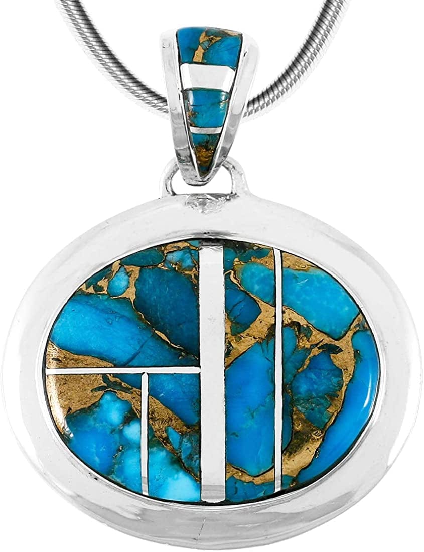 Turquoise Necklace Pendant 925 Sterling Silver Genuine Gemstones (20" Length) Teal/Matrix