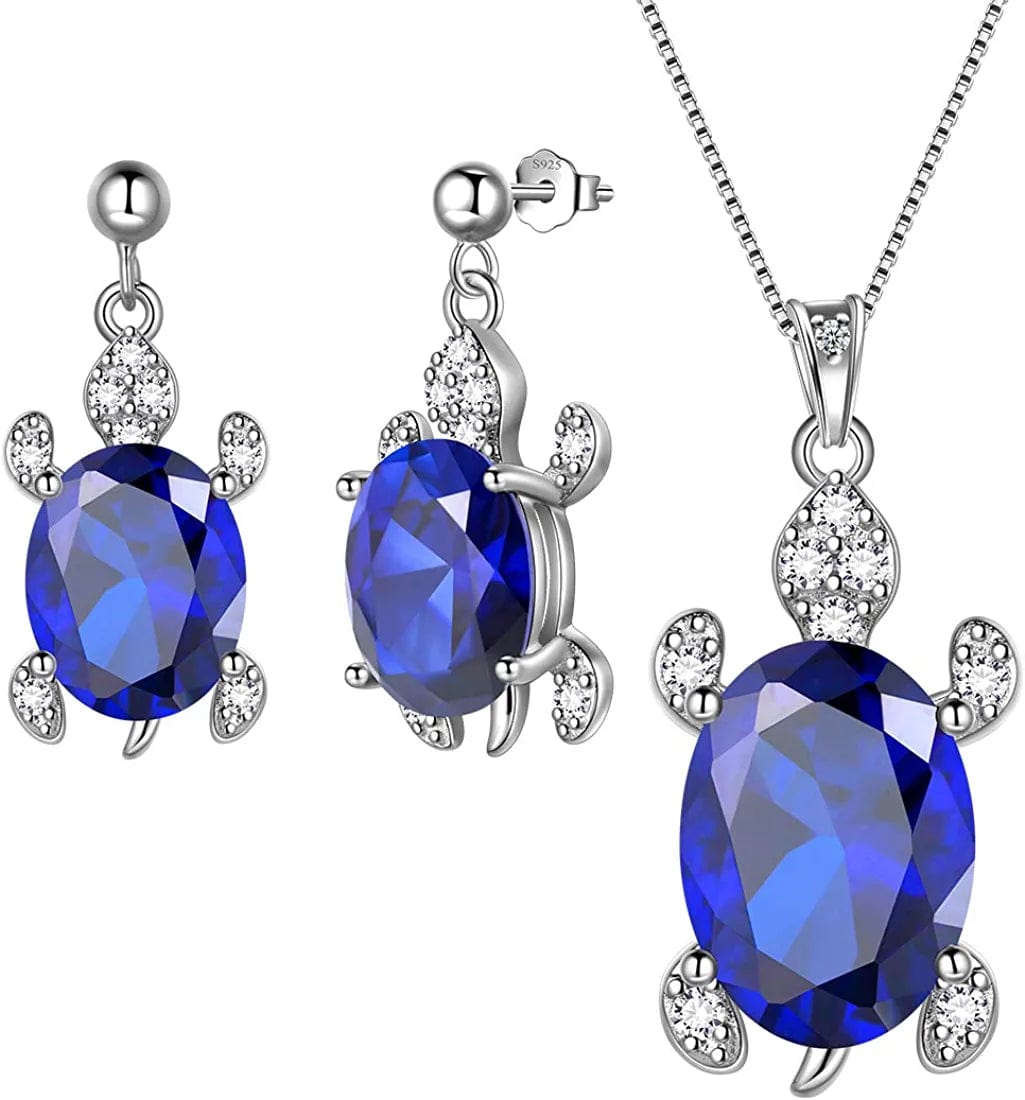 Tutrle Jewelry 925 Sterling Silver Women Sea Animal Turtle Necklace/Earring/Ring/Bracelet Crystal Cubic Zirconia Jewelry blue-sapphire / necklace/earring
