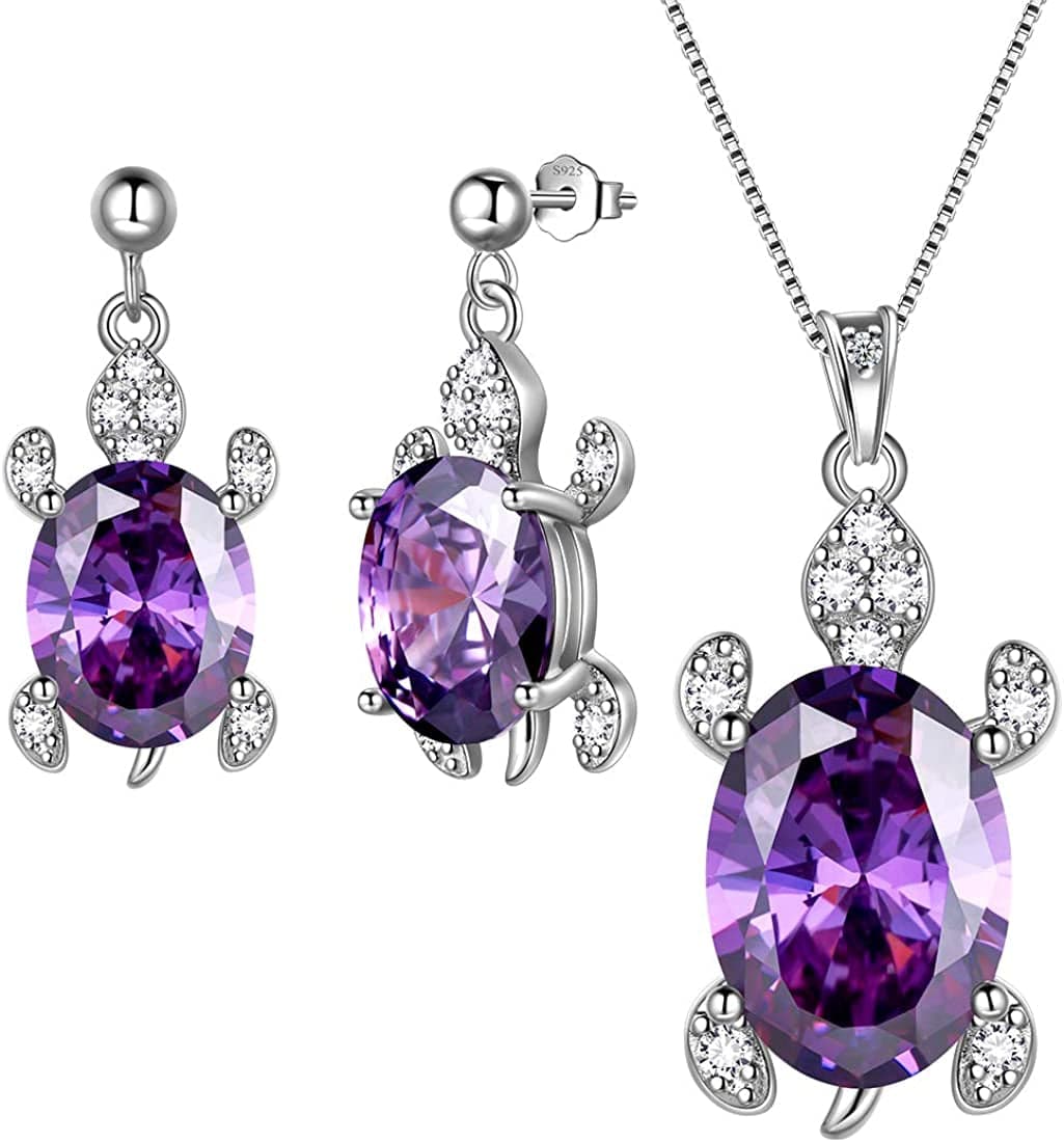 Tutrle Jewelry 925 Sterling Silver Women Sea Animal Turtle Necklace/Earring/Ring/Bracelet Crystal Cubic Zirconia Jewelry purple-amethyst / necklace/earring